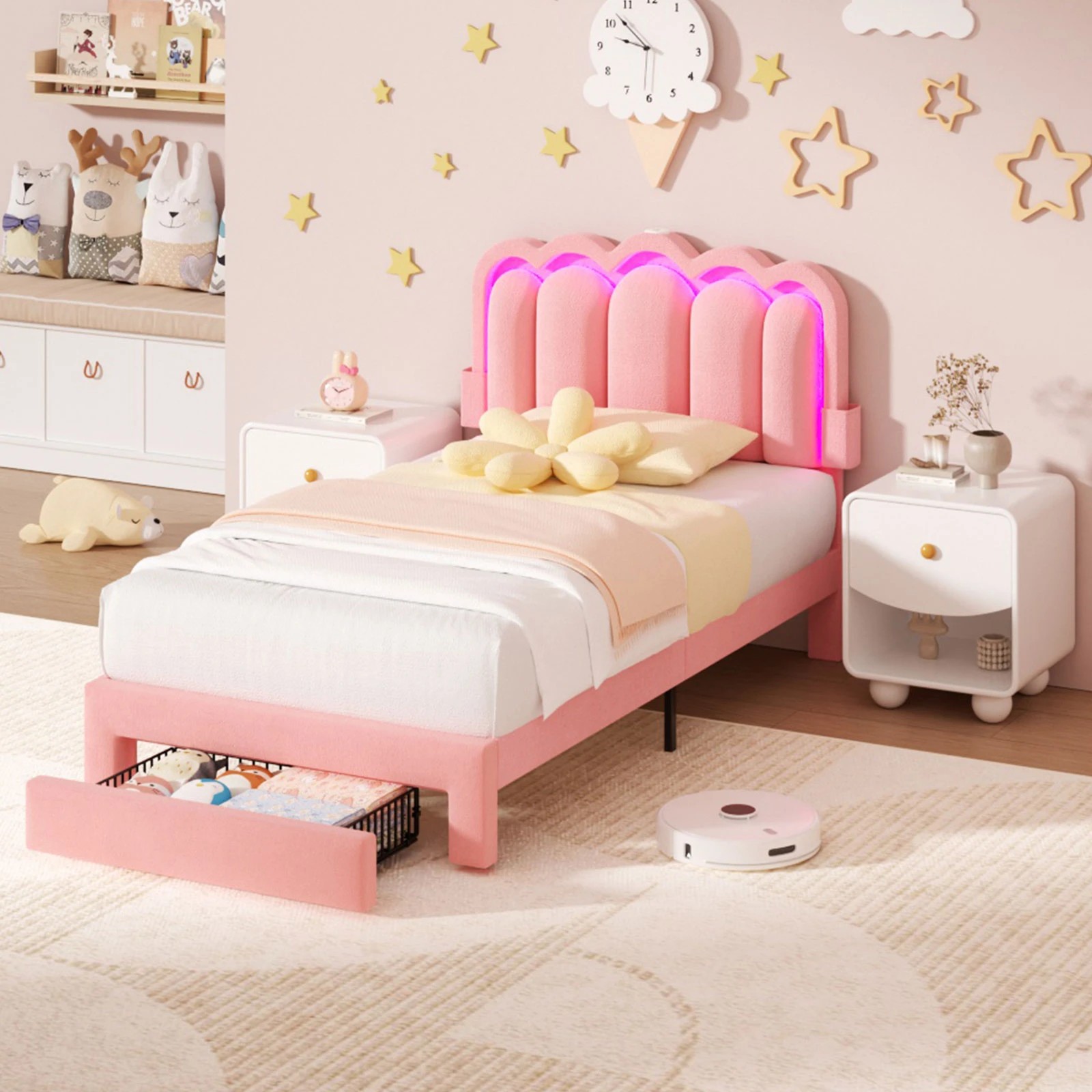 9 Advwin LED Bed Frame with Adjustable Headboard and Drawer USB Velvet King Single - Pink, 9 of 10