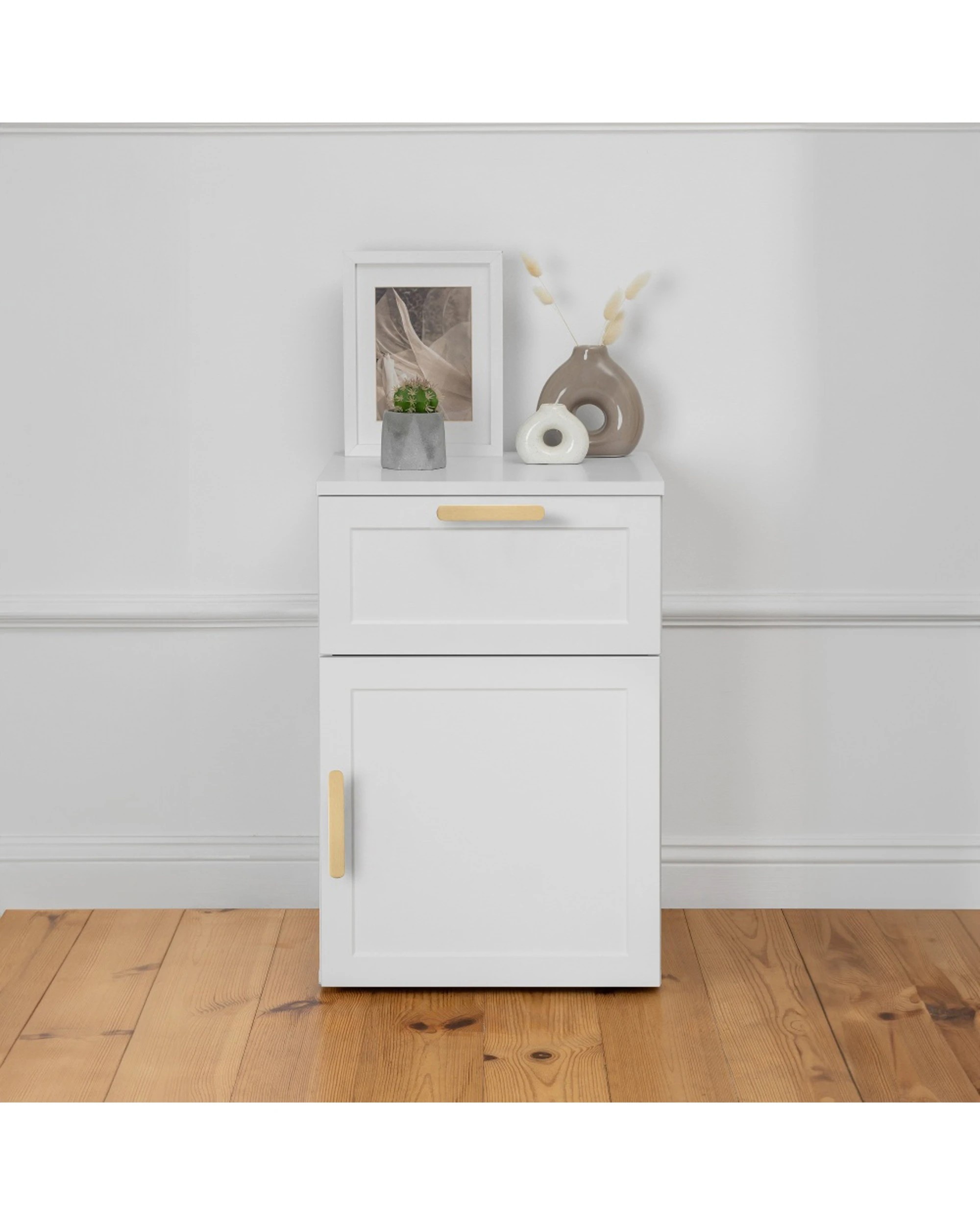 2 European Cabinetry Porto Bedside Table Hamptons Brass Oval Handle - White, 2 of 4