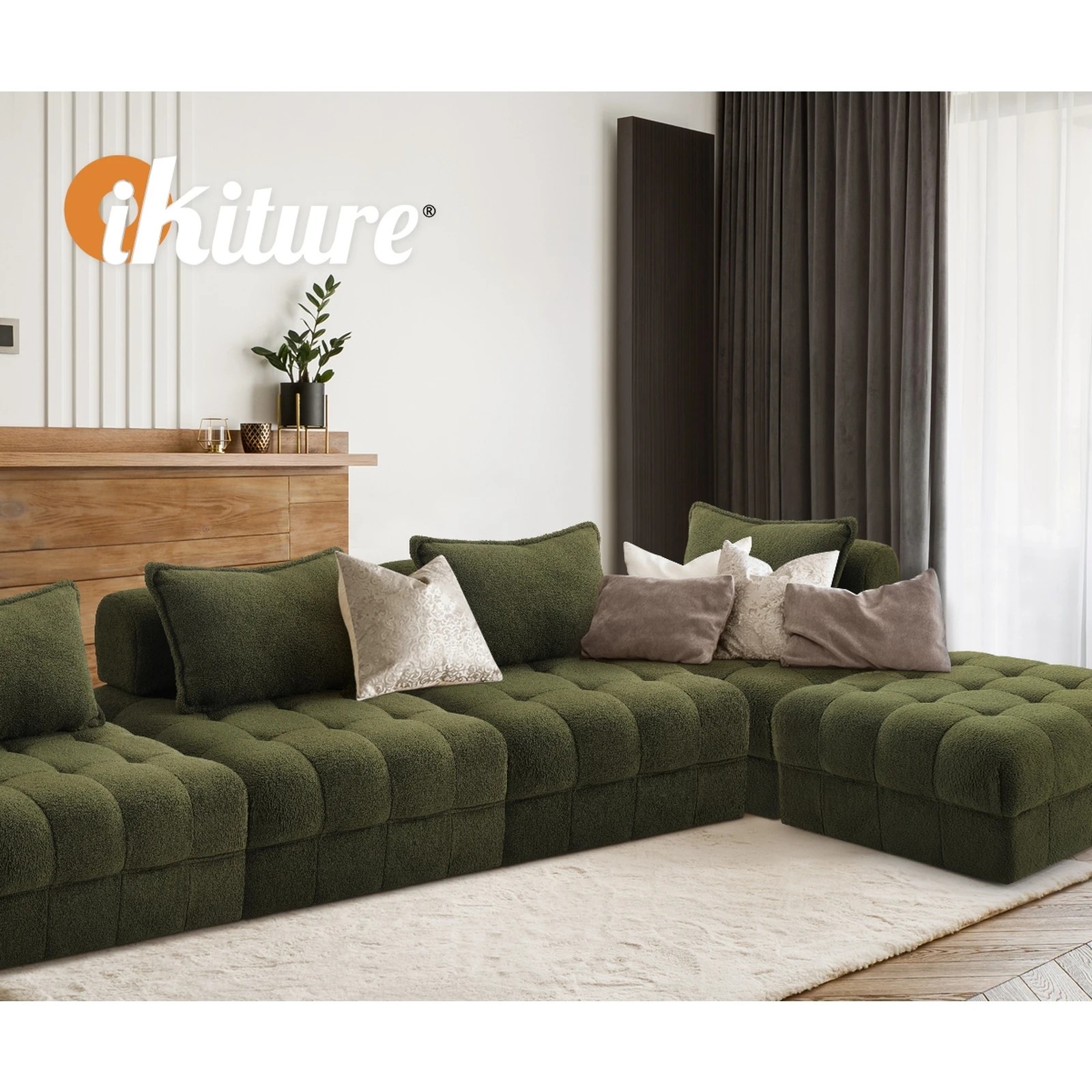 3 Oikiture 4 Seater Boucle Modular Sofa & Ottoman Set Armless Tofu Back
 - Green - Green, 3 of 10