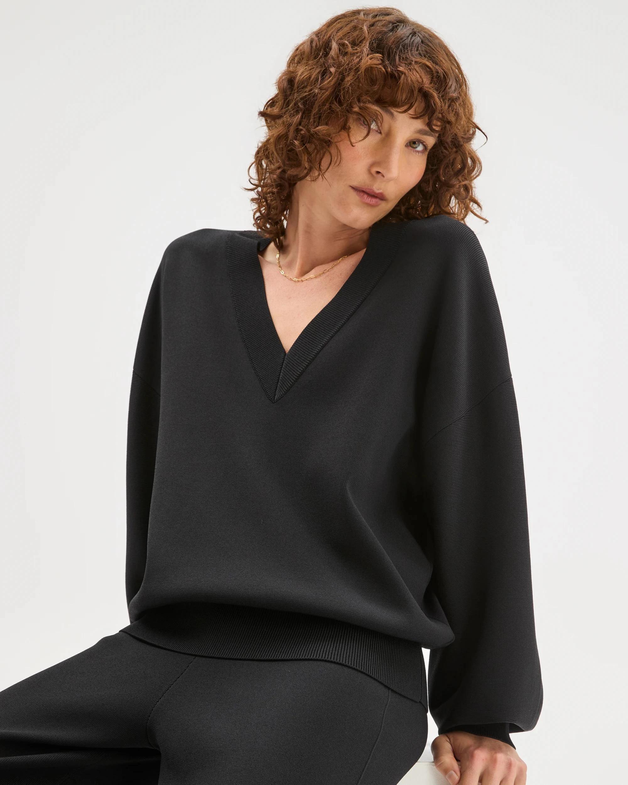 4 Preview Crepe Knit V-Neck Sweater BLACK, 4 of 7