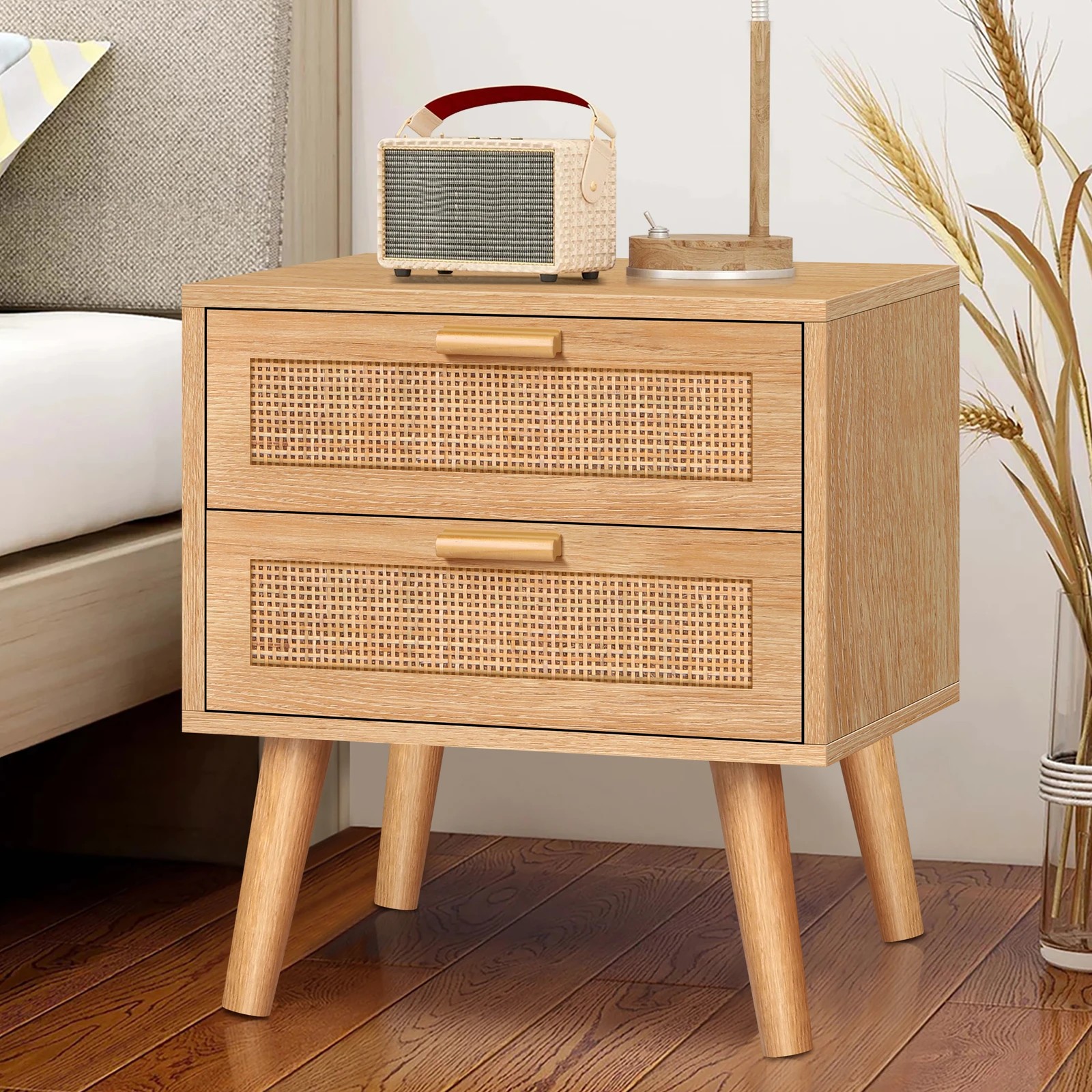 2 Alfordson 2x Bedside Table Nightstand Side Cabinet Rattan - Oak, 2 of 10