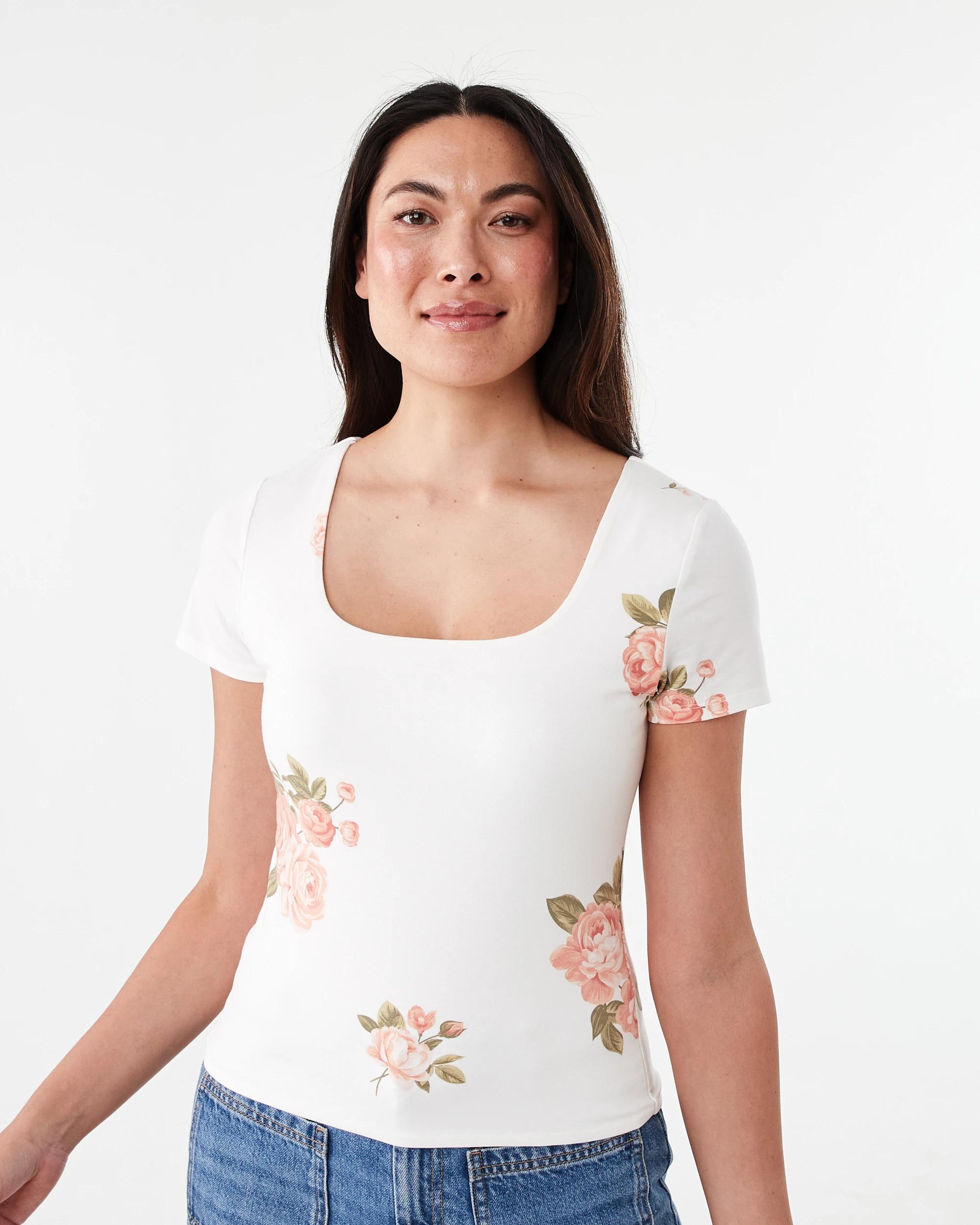 1 Short Sleeve Square Neck T-shirt Roses, 1 of 5