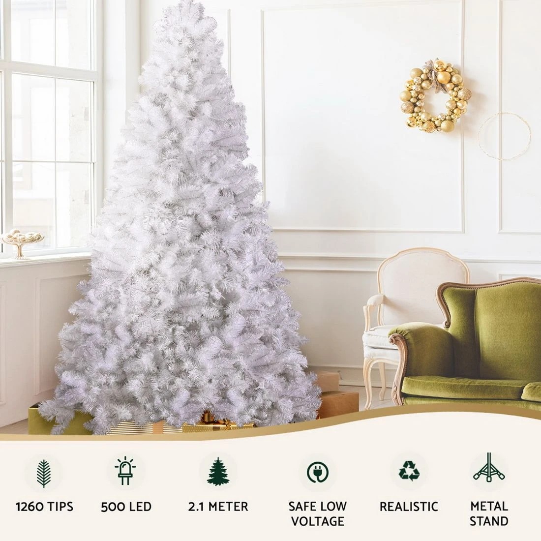 5 Jingle Jollys Christmas Tree 2.1m 500 Led Xmas Tree Decorations 1260 Tips Lush Foliage Sturdy Stand - White, 5 of 7