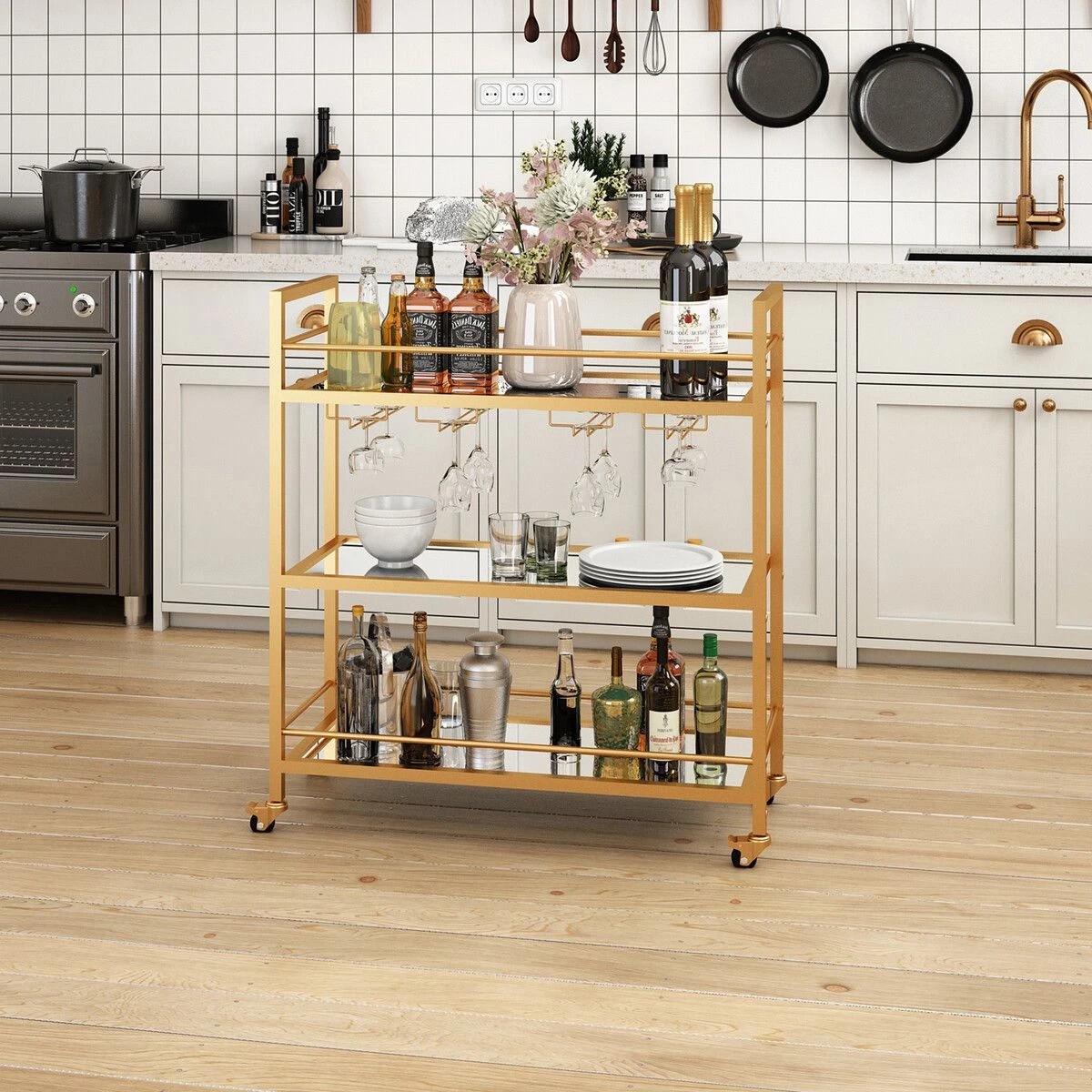 3 Ausway Bar Cart Wine Rack Drinks Trolley Coffee Tea - Gold, 3 of 8