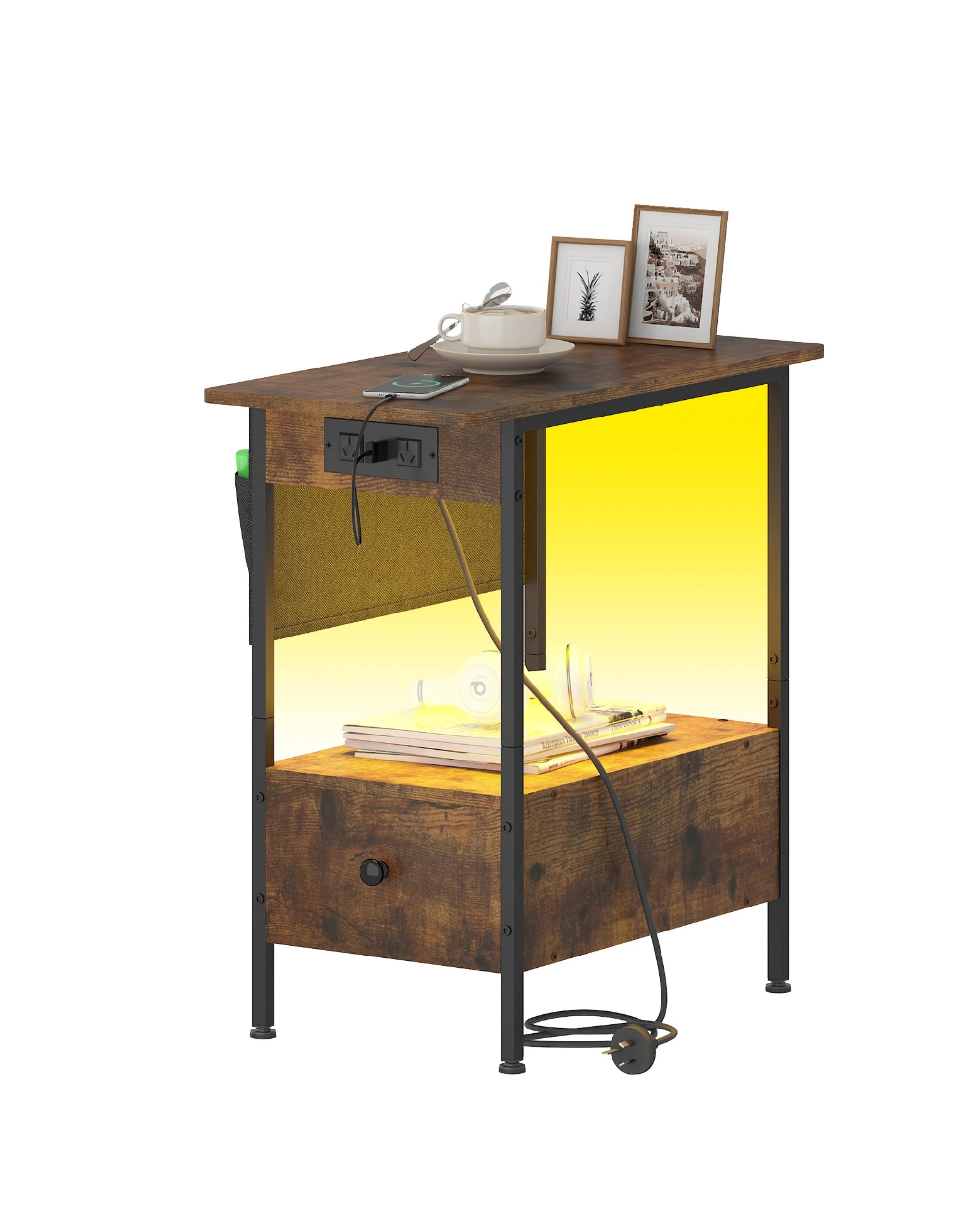 6 Advwin LED End Table Sofa Side Table with Charging Station and Drawers Narrow Bedside Table with Storage Pocket, 6 of 10