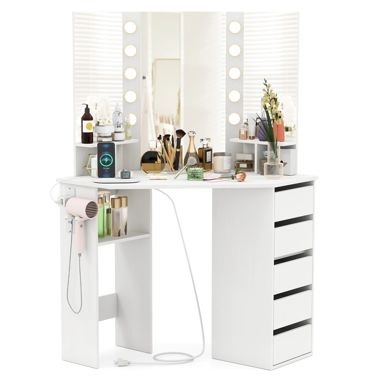 4 Costway Corner Vanity Desk w/Power Outlets & Drawers Makeup Dressing Table, 4 of 4
