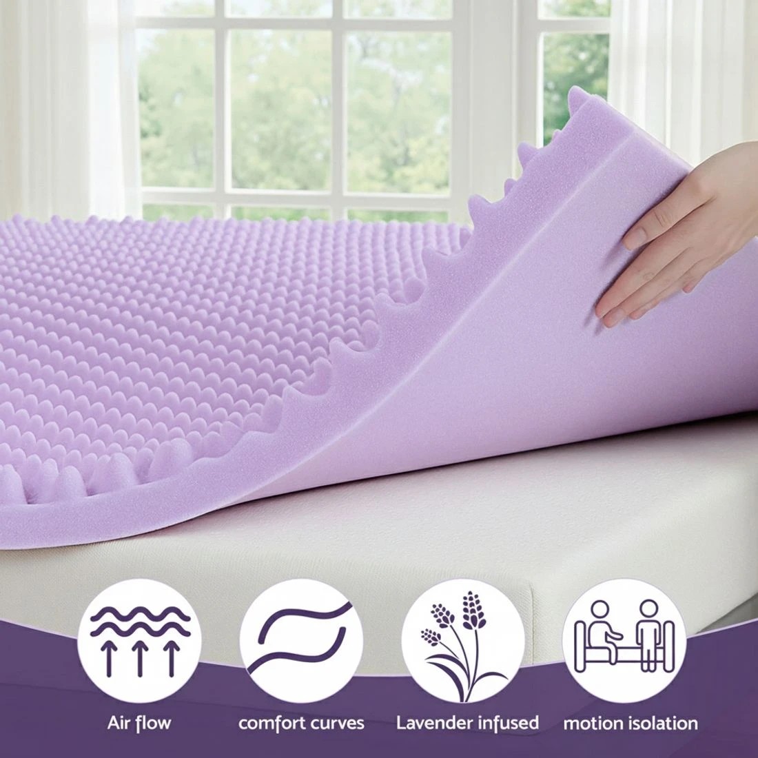 6 Giselle 5cm Memory Foam Mattress Topper Lavender Infused Egg Crate Pad Mat King - King Bed - Purple, 6 of 7