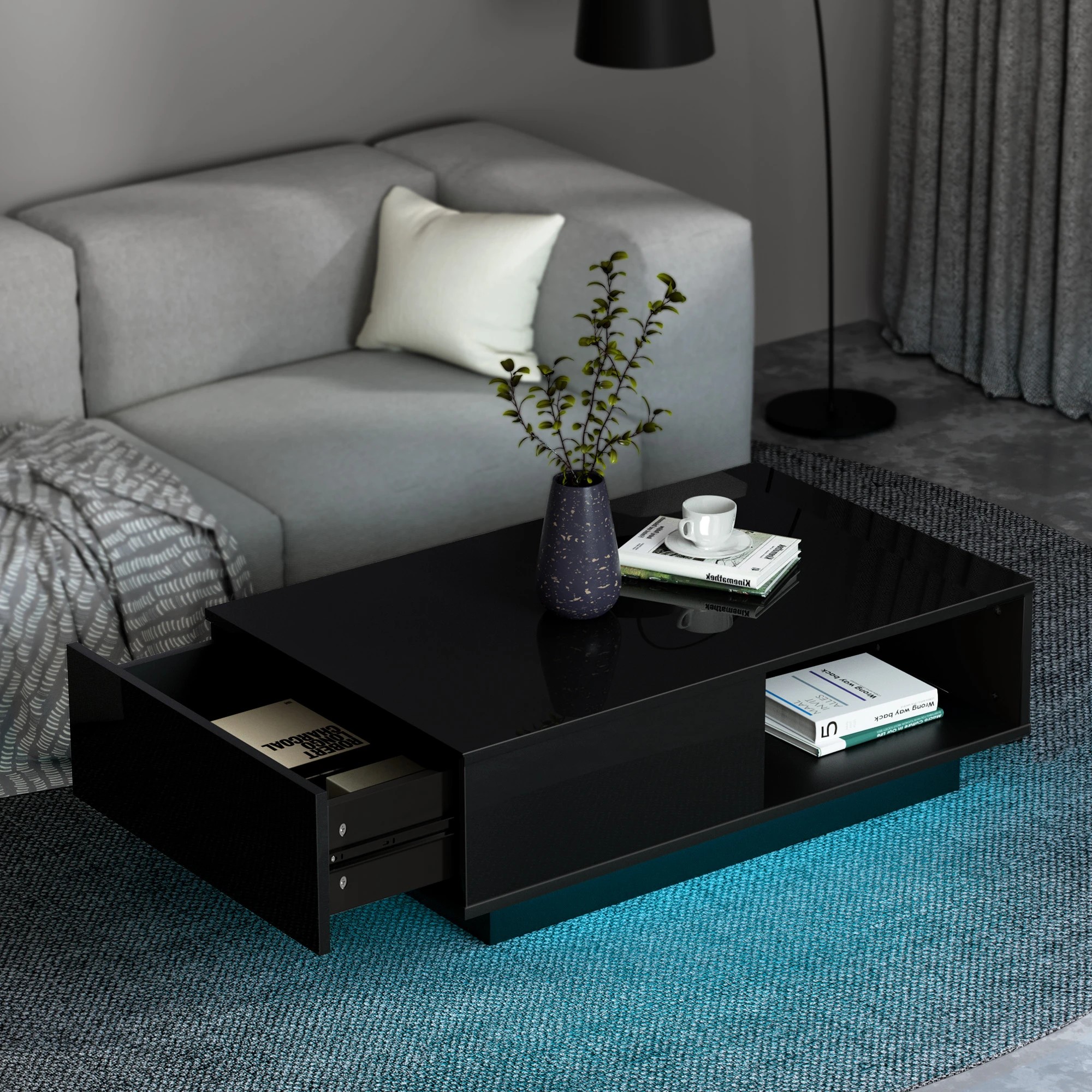 7 Artiss LED TV Unit & Coffee Table Set Storage Cabinet - Black, 7 of 9