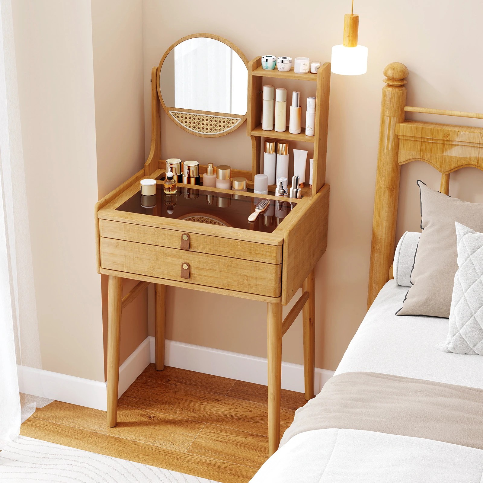 3 Costway Small Bamboo Dressing Table w/Mirror Compact Makeup Table, 3 of 5