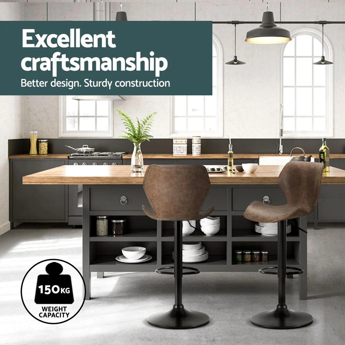 4 Artiss 4x Bar Stools Vintage Leather Gas Lift - Brown, 4 of 5