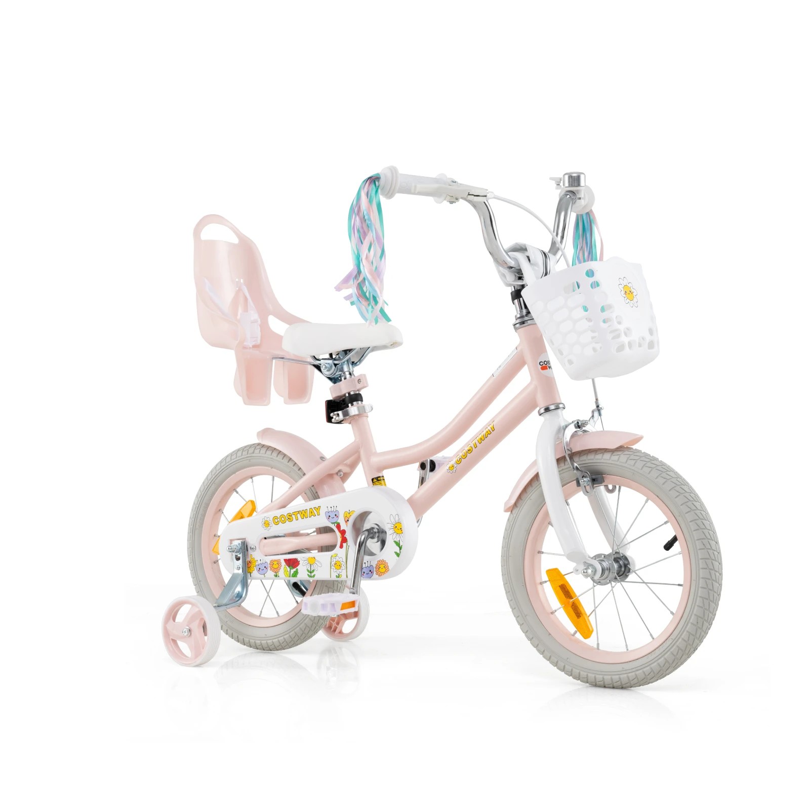 1 Costway 36cm Kids Bike Bicycle Ride-on w/Training Wheels & Doll Seat & Front Basket Beginner - Pink, 1 of 4