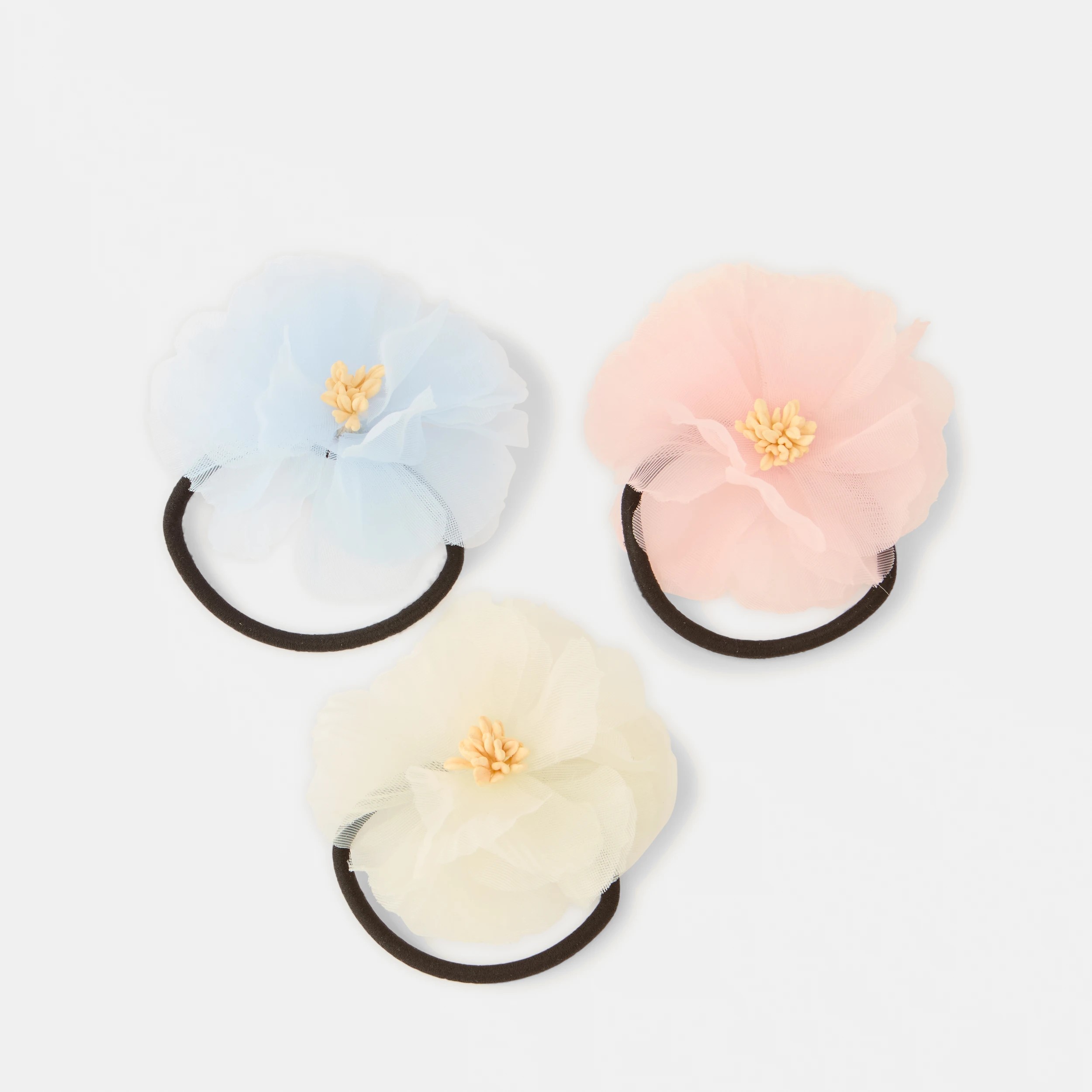 1 3 Pack Floral Hair Ties - Pink, Yellow and Blue, 1 of 4