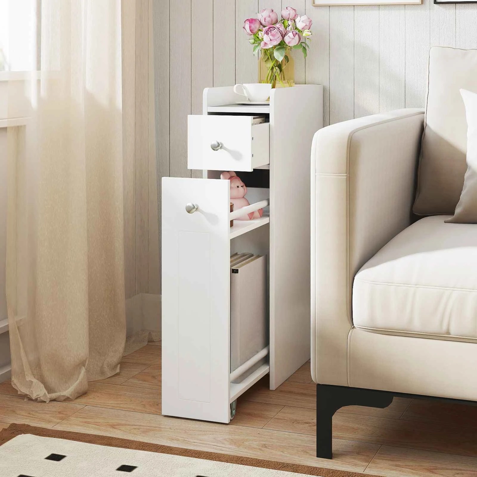 3 Costway Slim Bathroom Storage Cabinet Space-saving Toilet Side Cabinet - White, 3 of 6