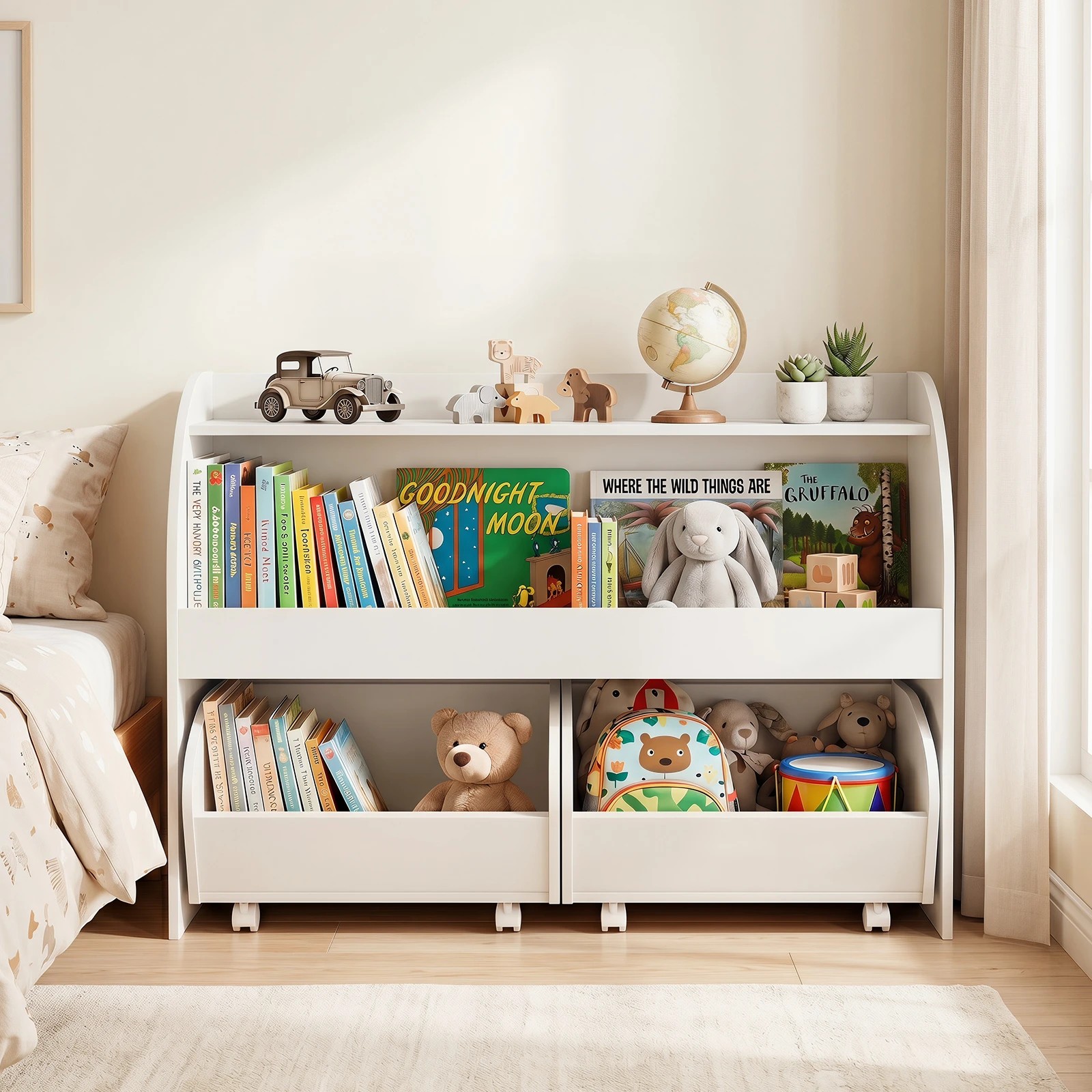 4 Costway Toy Storage Organizer Cabinet Montessori Bookshelf 2 Rolling Drawers - White, 4 of 5
