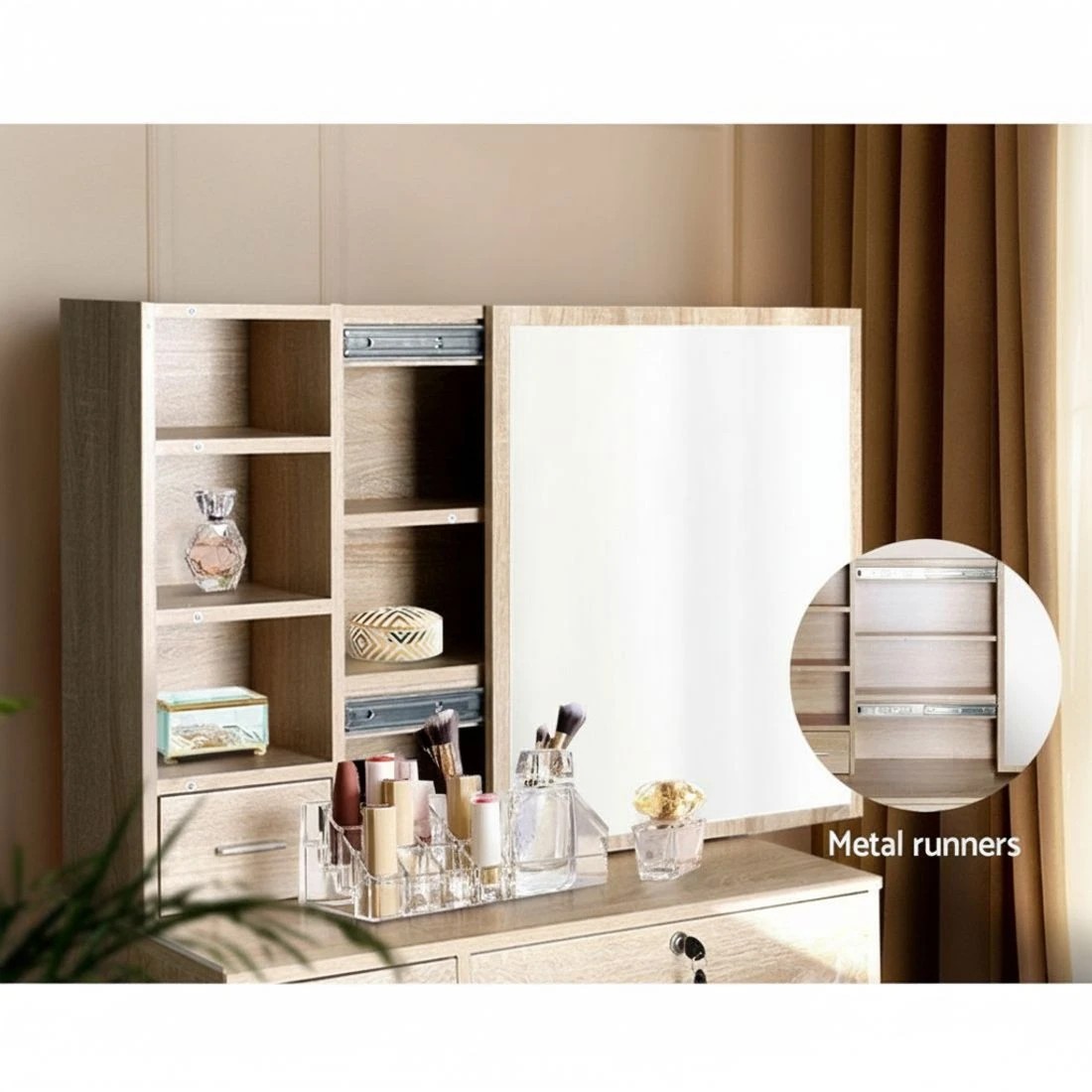 6 Artiss Dressing Table Stool Set Sliding Mirror Oak Diane - Natural, 6 of 8