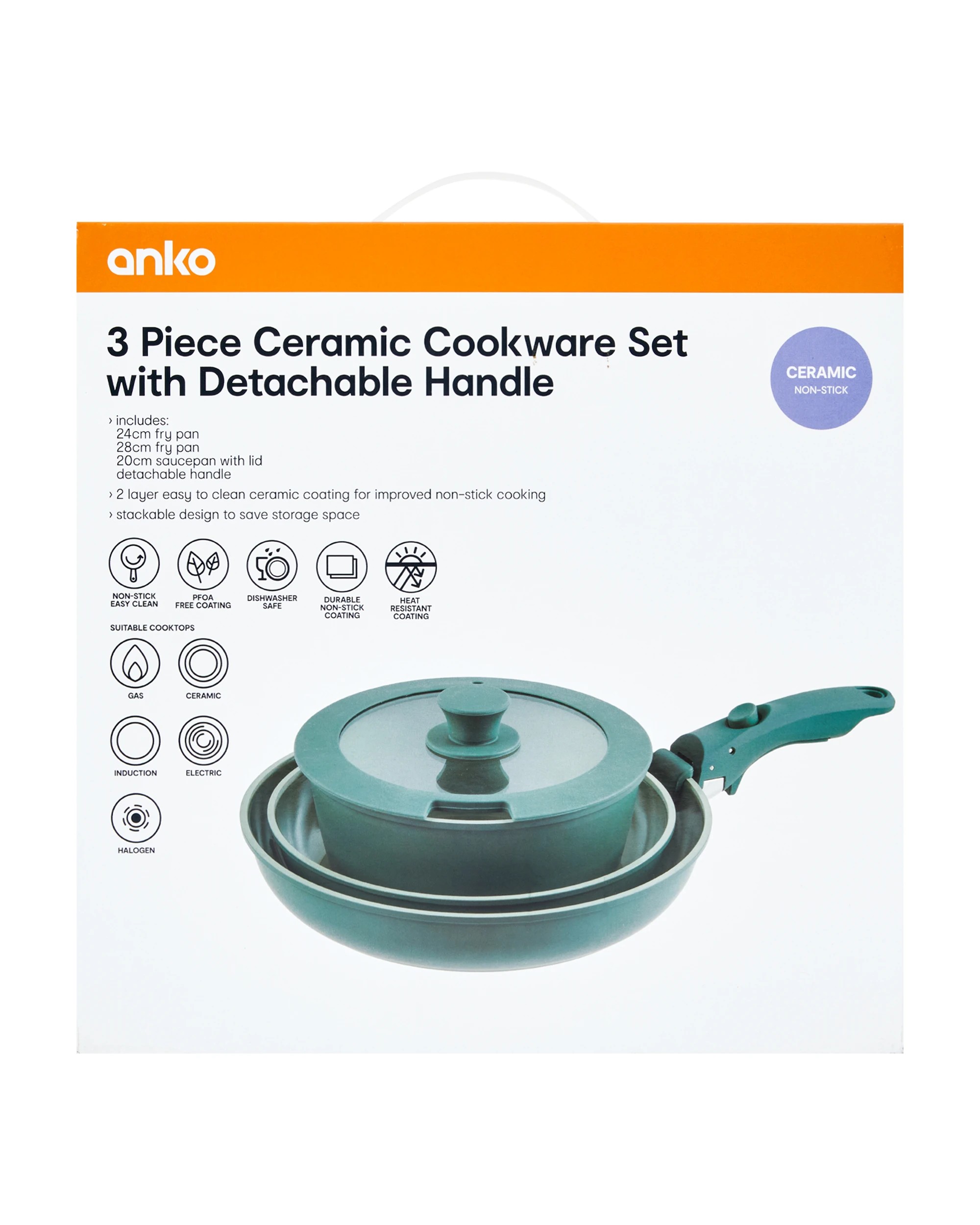 9 3 Piece Ceramic Cookware Set with Detachable Handle - Green, 9 of 9