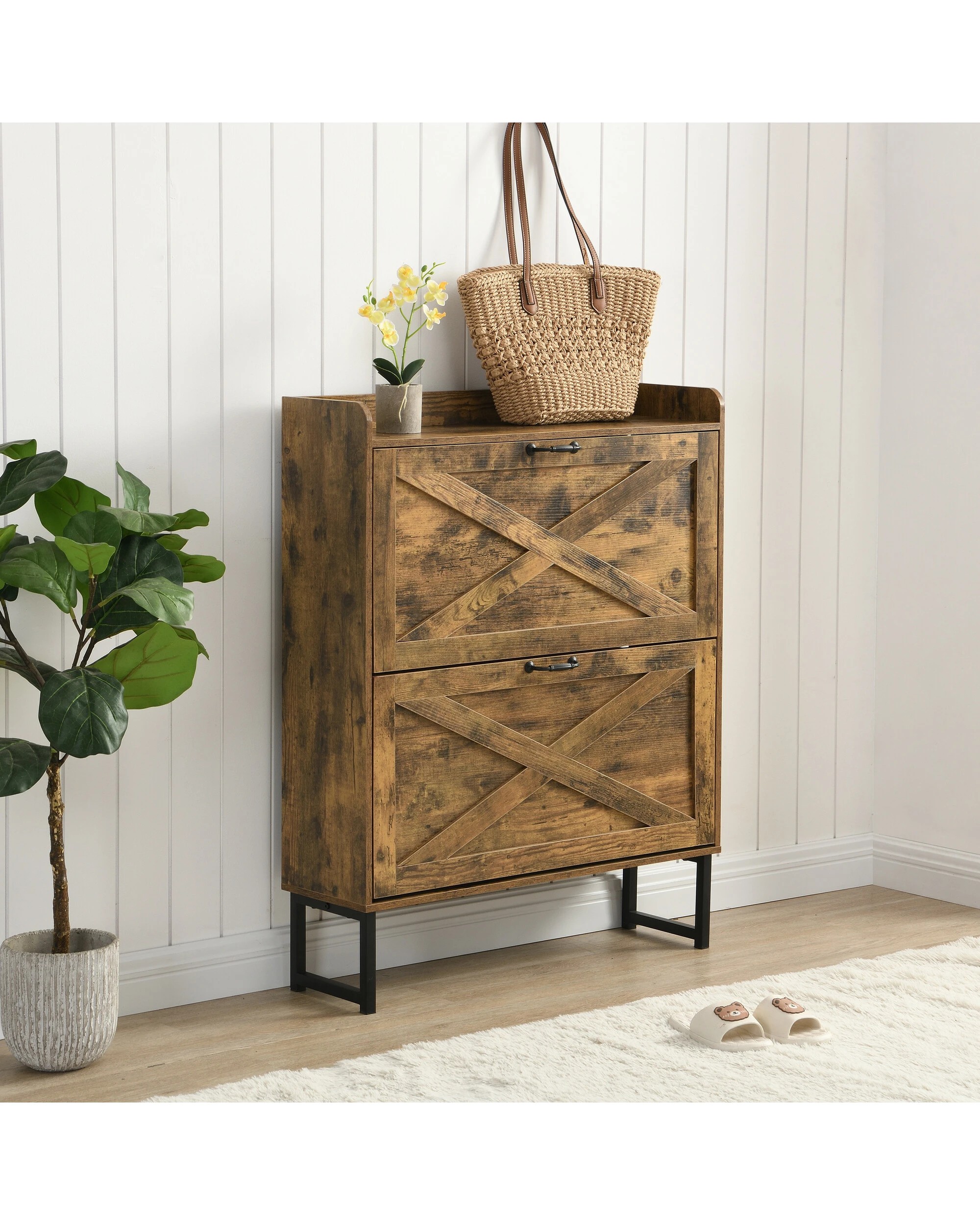 3 IHOMDEC 2 Flip Drawer Shoe Cabinet, MDF with Metal Legs, 3 of 5