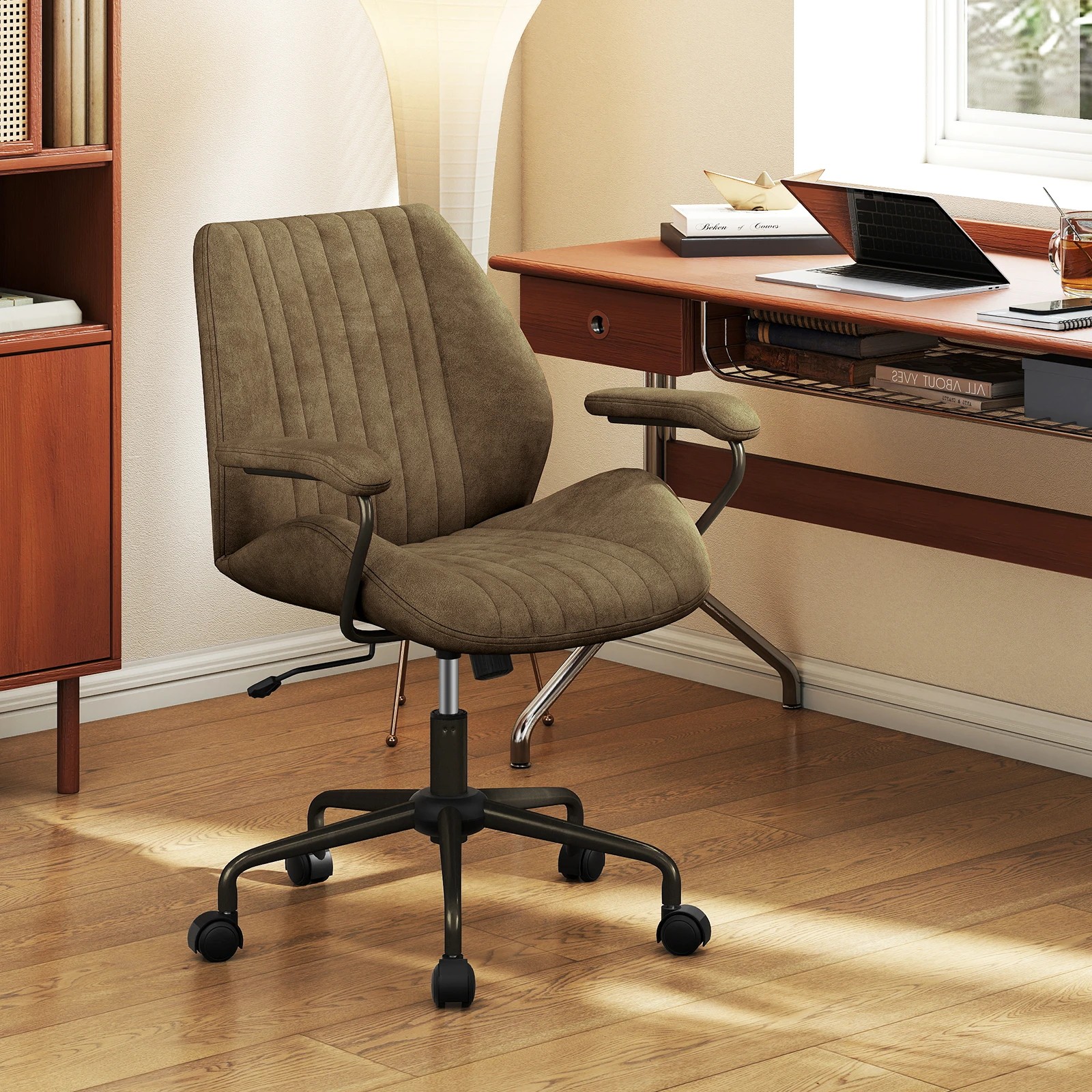 2 Costway Office Chair Mid Century Modern Swivel Computer Desk Chair w/Padded Arms, 2 of 4