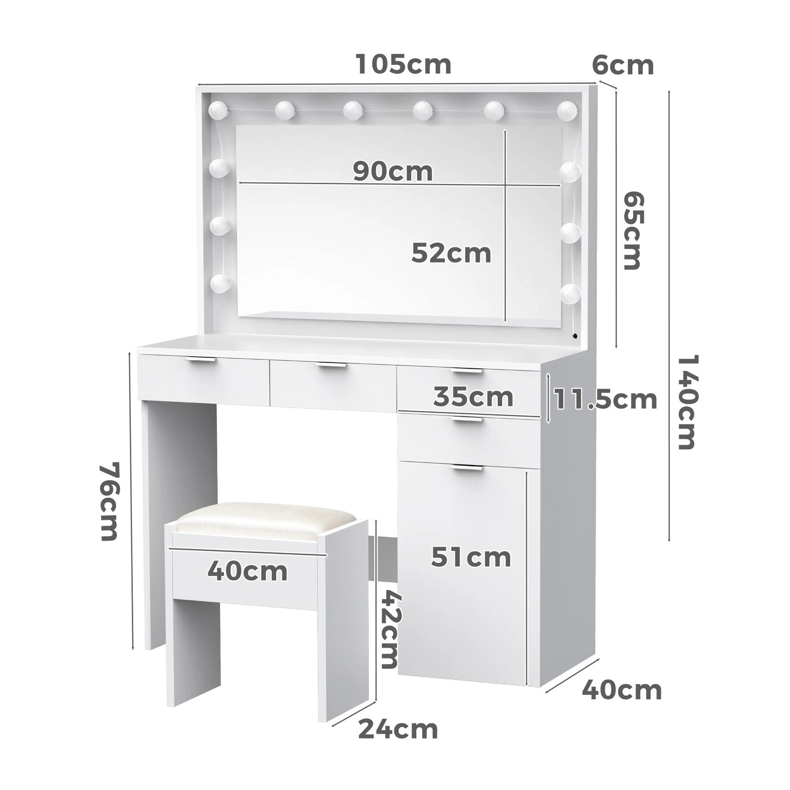 9 Alfordson Dressing Table Stool Set Makeup Mirror Desk 12 LED Bulbs - White, 9 of 10