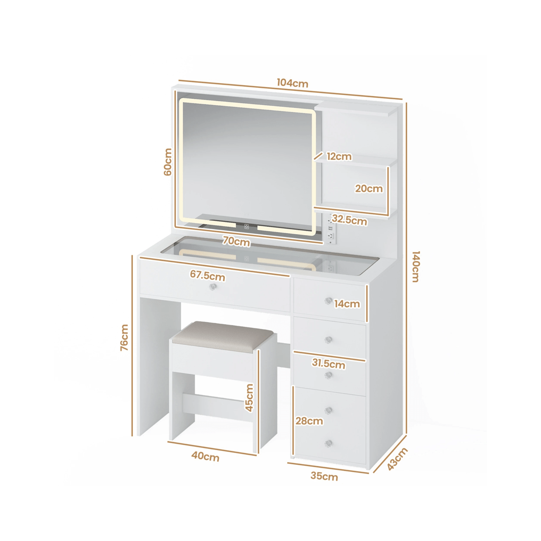 9 Advwin Dressing Table Stool Set Charging Station Lights Glass Tabletop Vanity Desk
 - White, 9 of 10