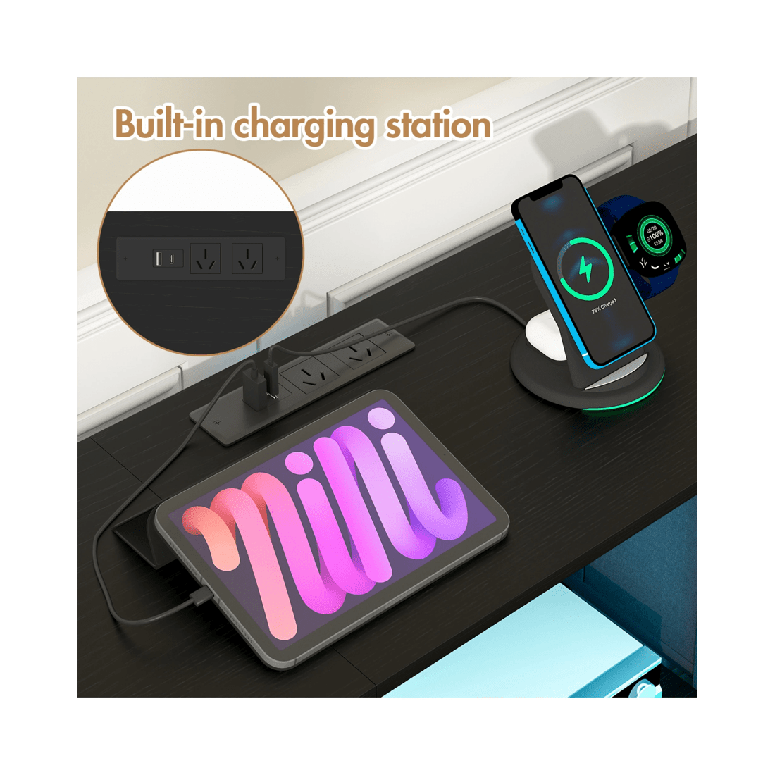 6 Advwin Tv Cabinet 140cm Led Entertainment Unit W/charging Station & Drawer Tv Stand Media Console Table Black, 6 of 10