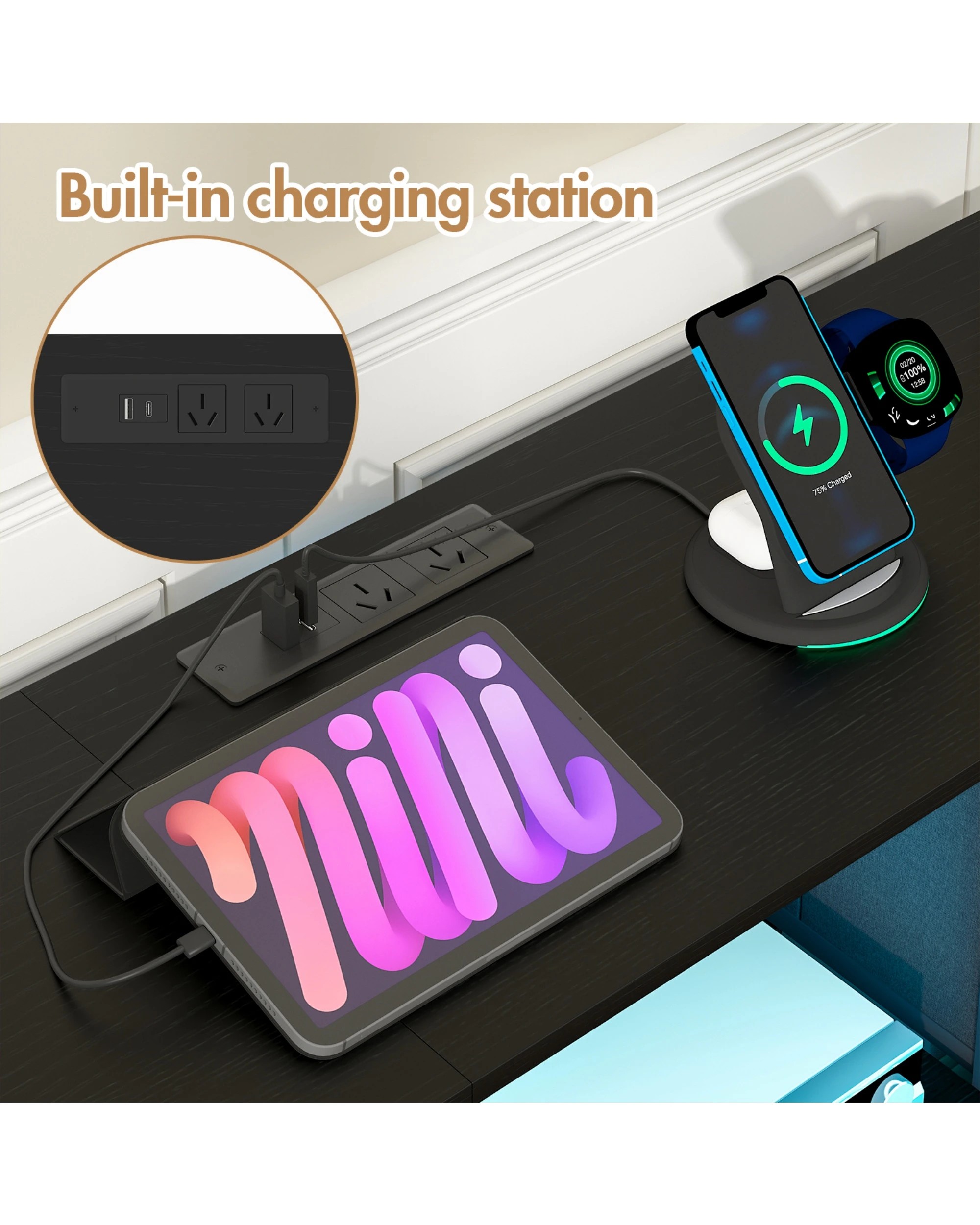 6 Advwin Tv Cabinet 140cm Led Entertainment Unit W/charging Station & Drawer Tv Stand Media Console Table Black, 6 of 10