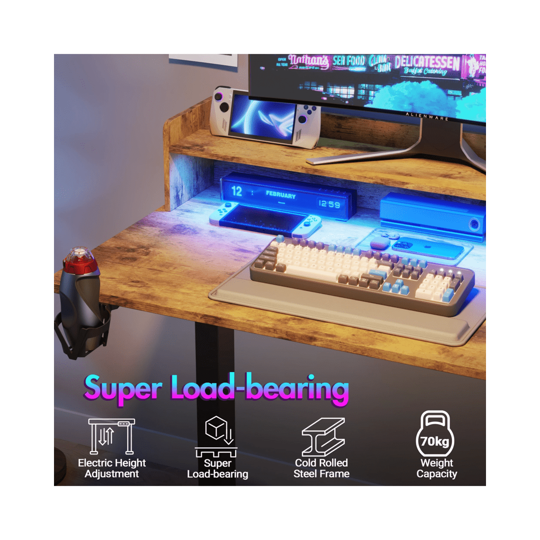 7 Advwin Led Rgb Light Electric Standing Desk With Power Outlets & Monitor Stand 120cm
 - Brown, 7 of 9