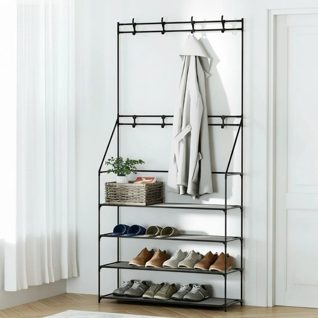1 Artiss Shoe Rack Hall Tree 16 Pairs - Black, 1 of 8