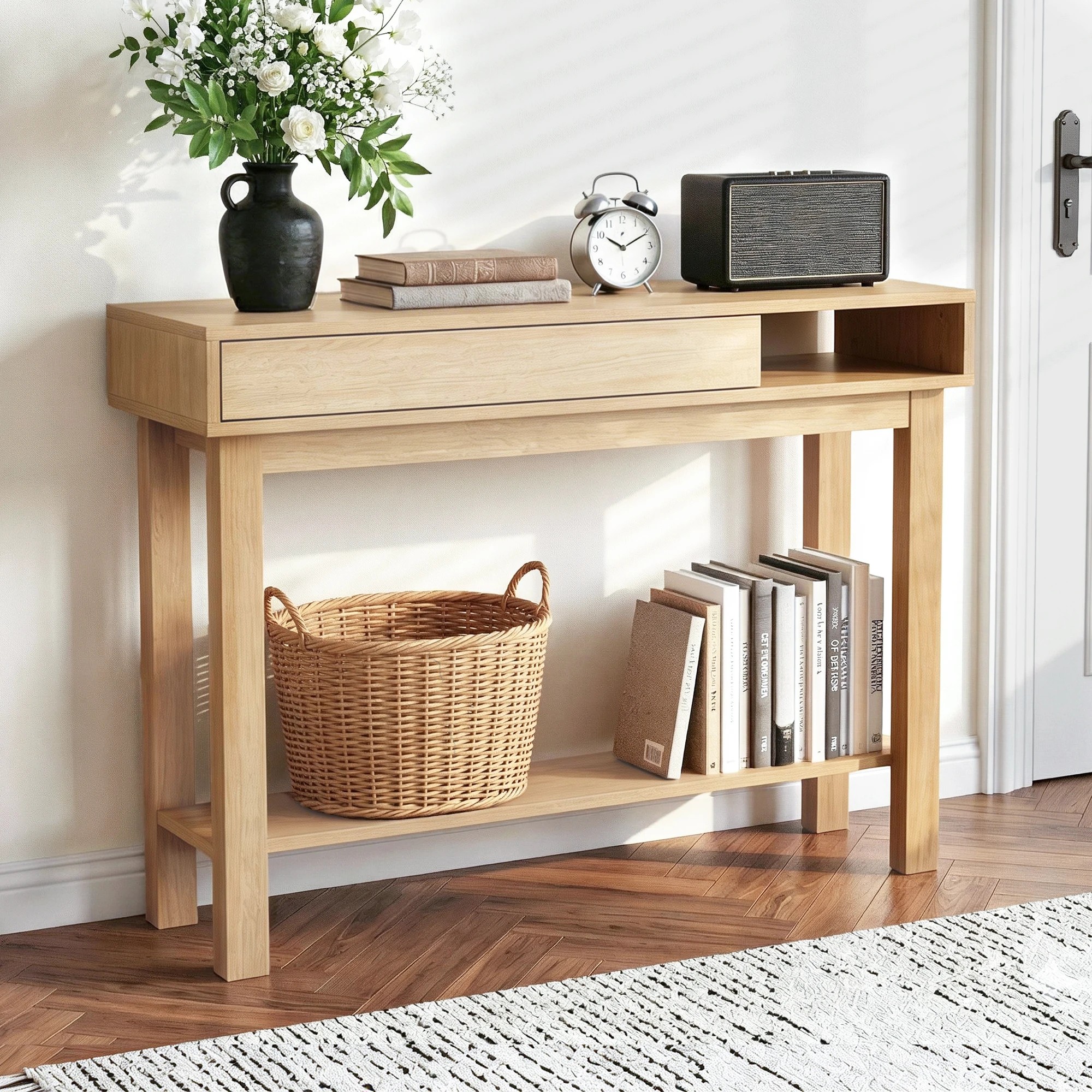 8 Artiss Console Table Entryway Hallway Sofa Side Table Drawer Shelf 100CM Wood - Natural, 8 of 8