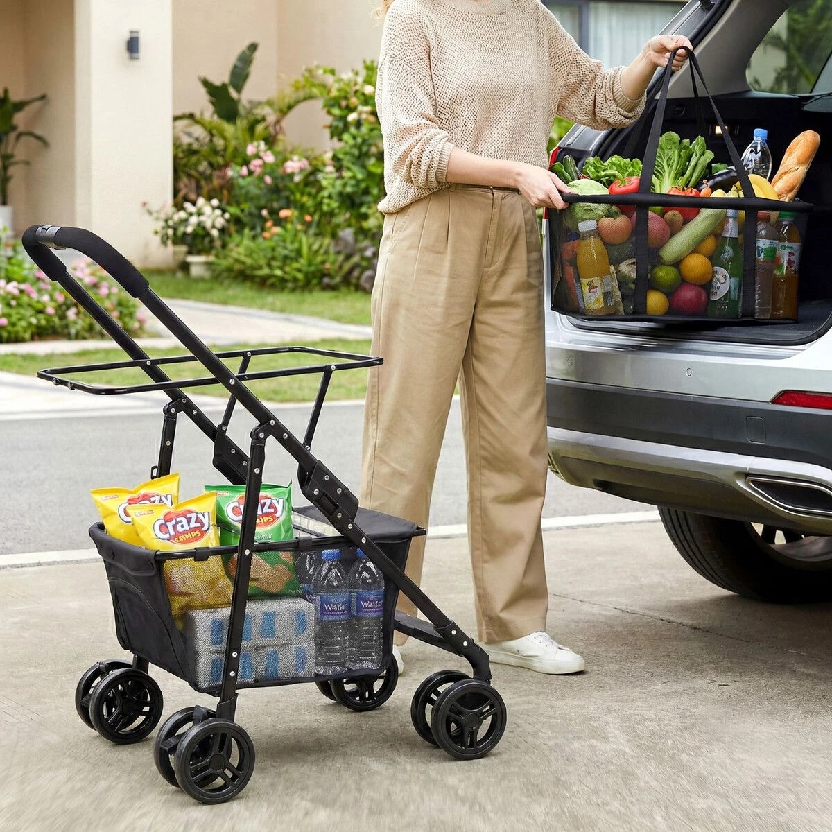 2 AUSWAY Foldable Shopping Cart Trolley Mobile Personal Collapsible Grocery, 2 of 7