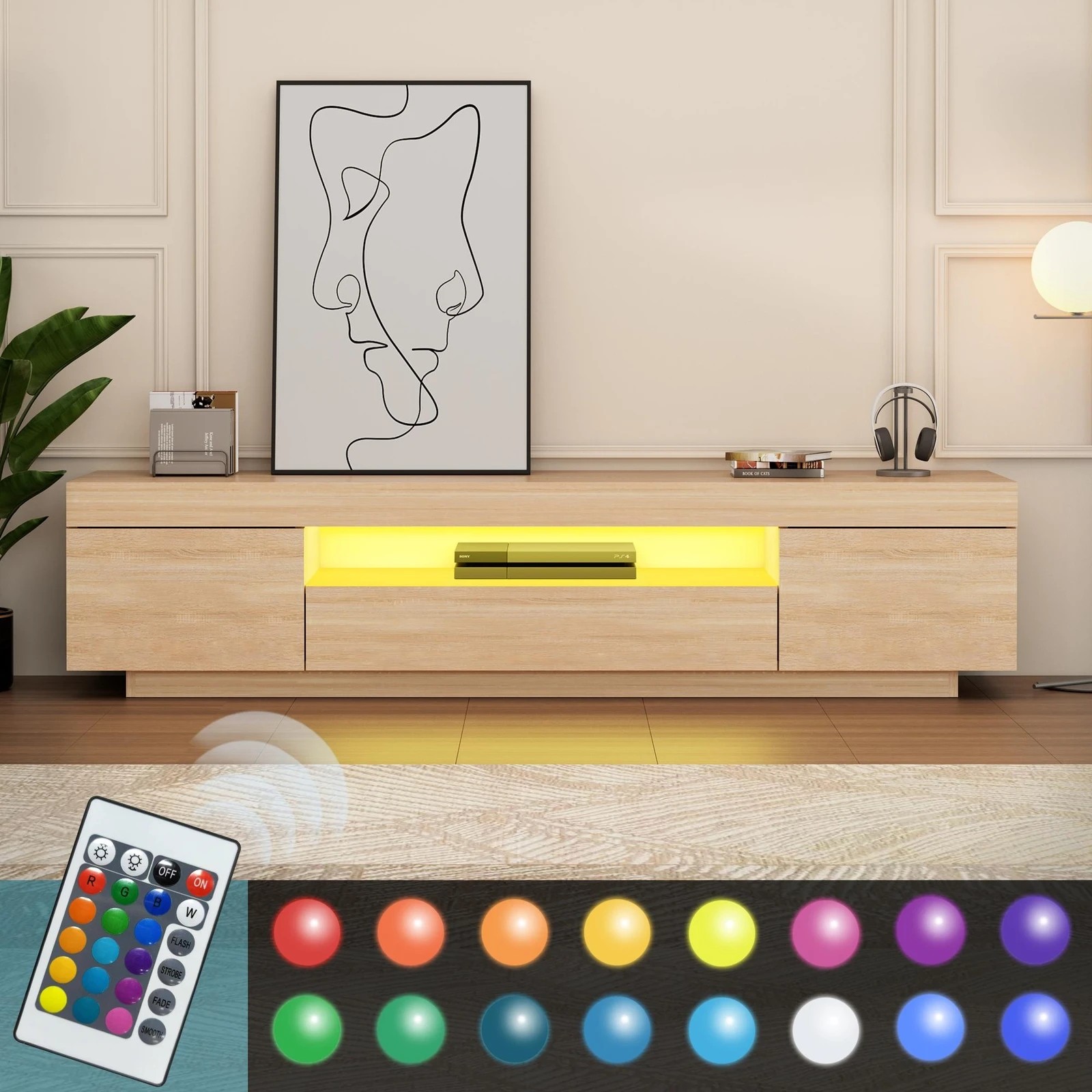 6 Alfordson Entertainment Unit 180cm TV Cabinet Stand Storage LED Light - Oak, 6 of 10