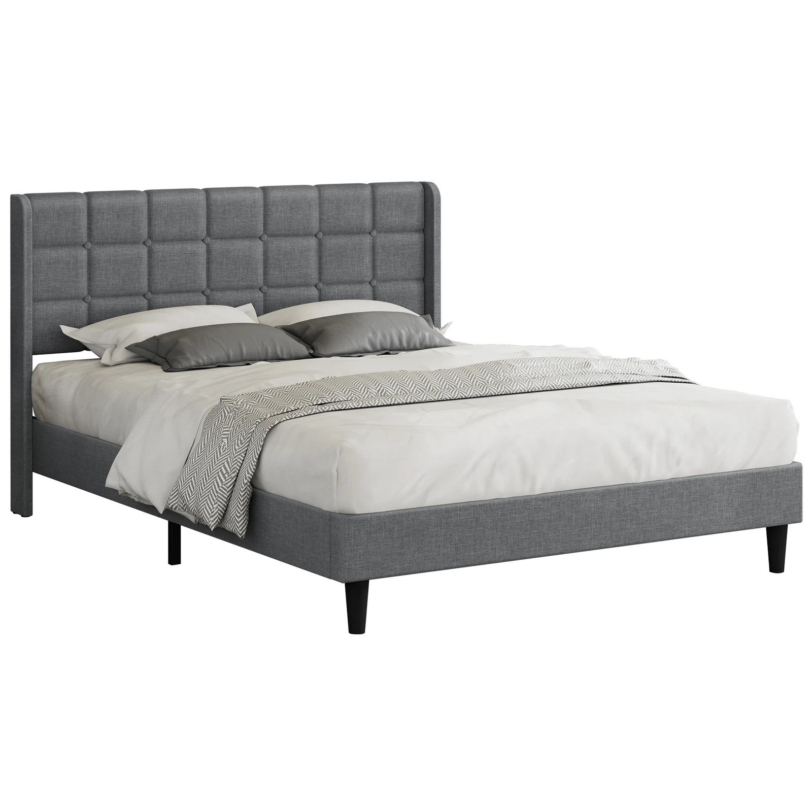 1 Alfordson Bed Frame Double Size Upholstered Wingback Base Fabric Sarah - Grey, 1 of 9