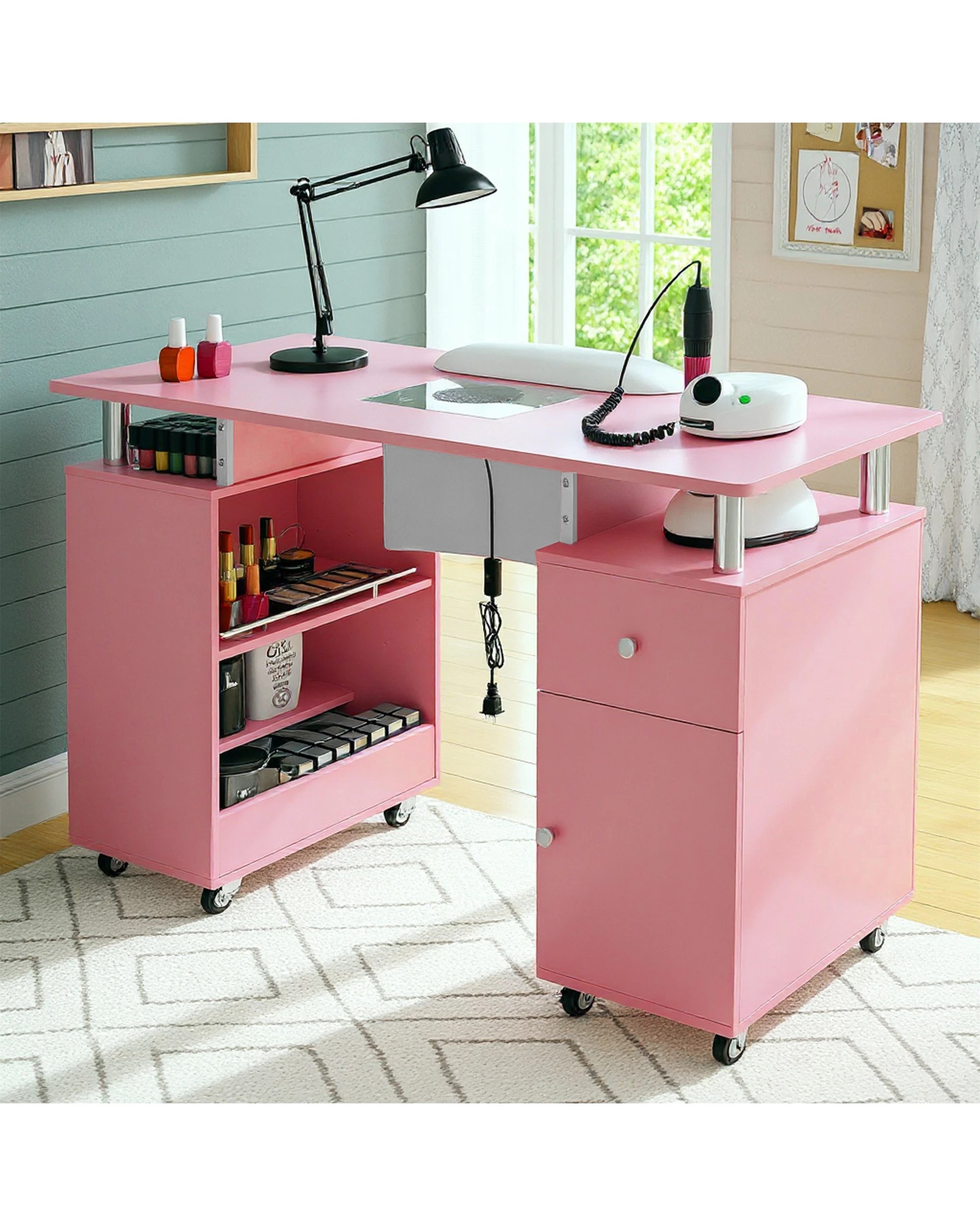 3 Advwin Manicure Table Vanity Desk for Nail Tech with Dust Collector Wrist Rest Lockable Wheels - Pink, 3 of 10