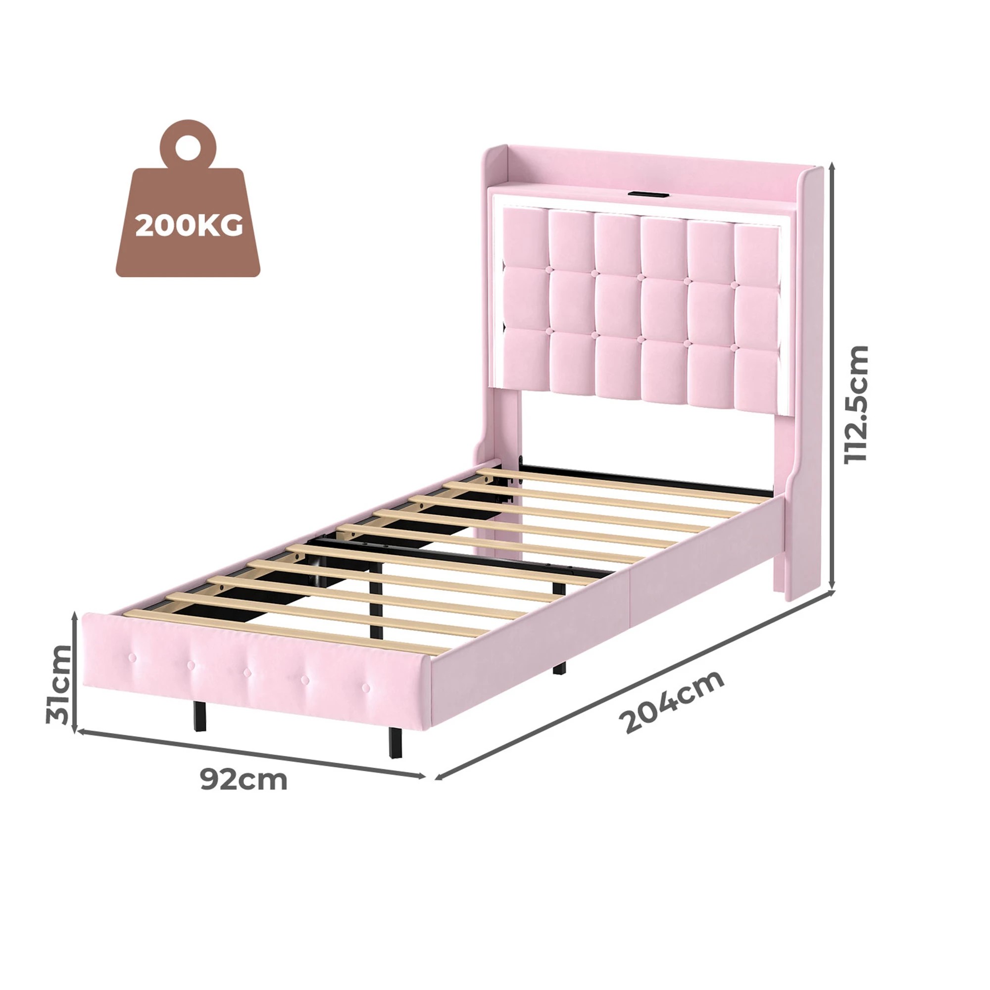 3 Levede Single Bed Frame with LED and Charging Station - Pink, 3 of 9