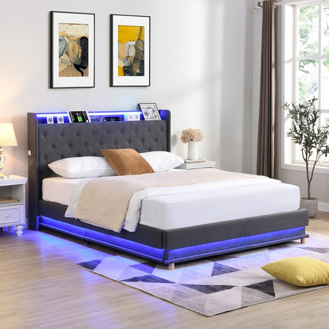 7 Levede K Size Bed Frame Fabric with LED and Charging Station, 7 of 8