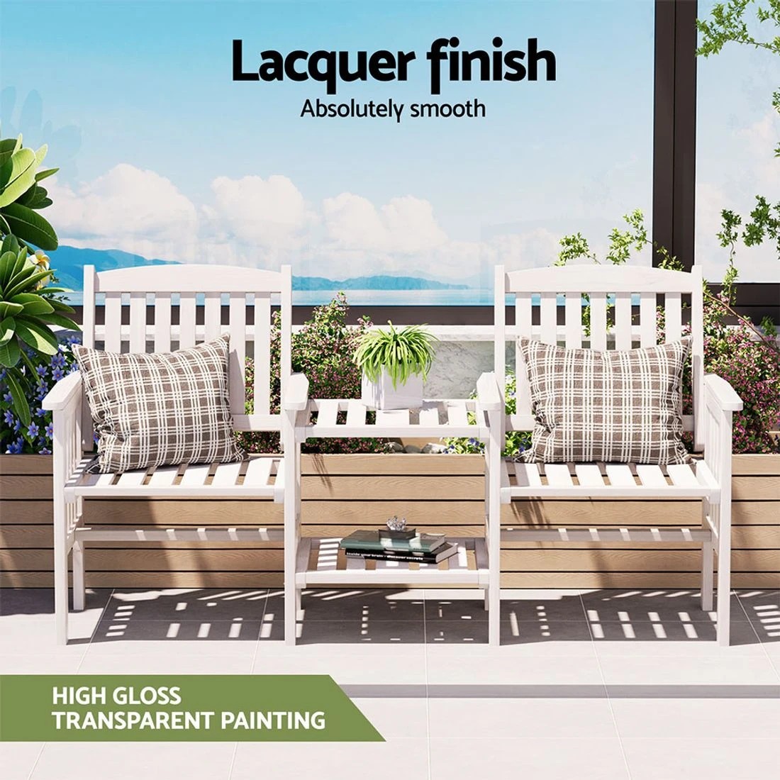 5 Gardeon Outdoor Garden Bench Loveseat Wooden Table Chairs Patio Furniture - White, 5 of 7