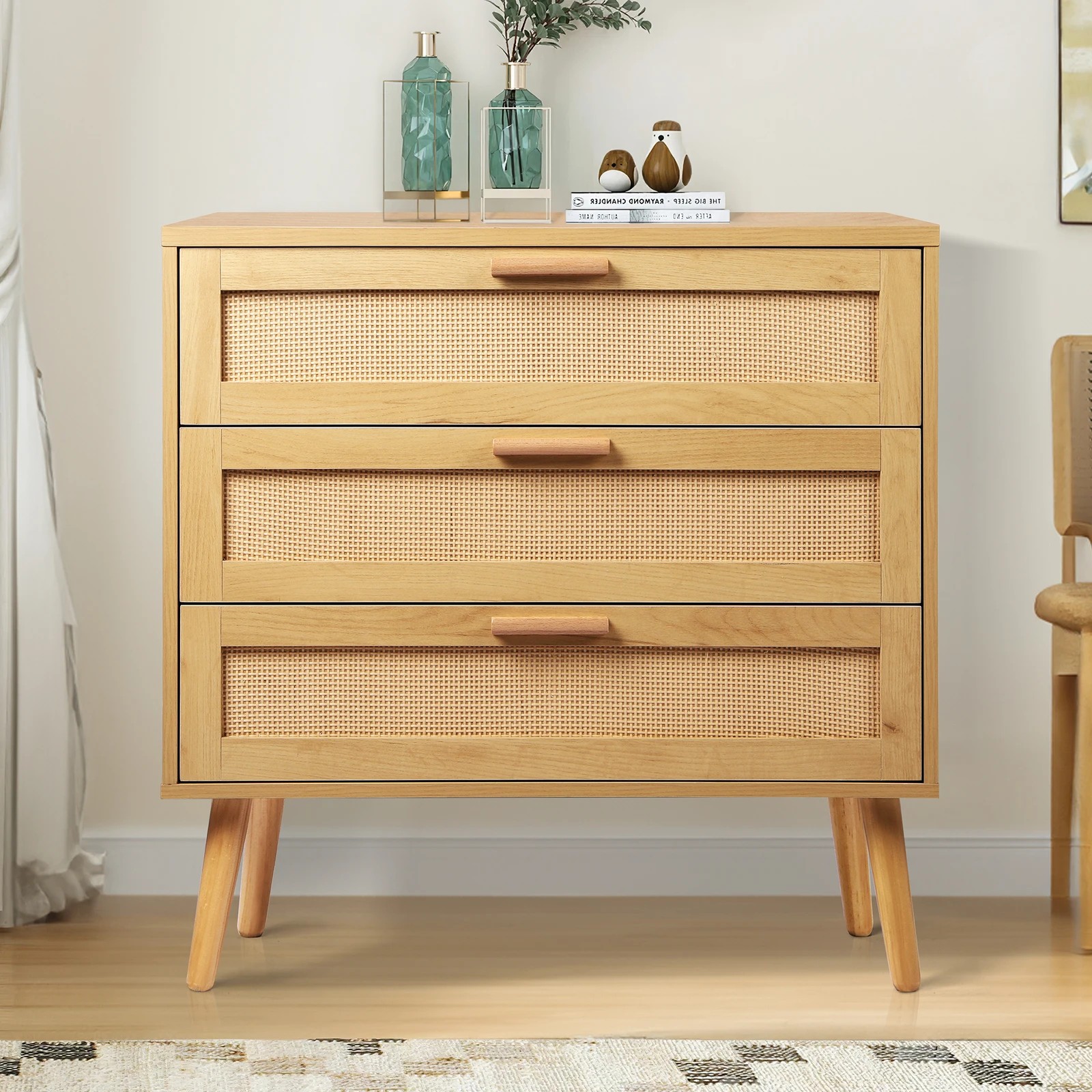 8 Alfordson 3 Chest of Drawers Rattan Cabinet Dresser - Oak, 8 of 8