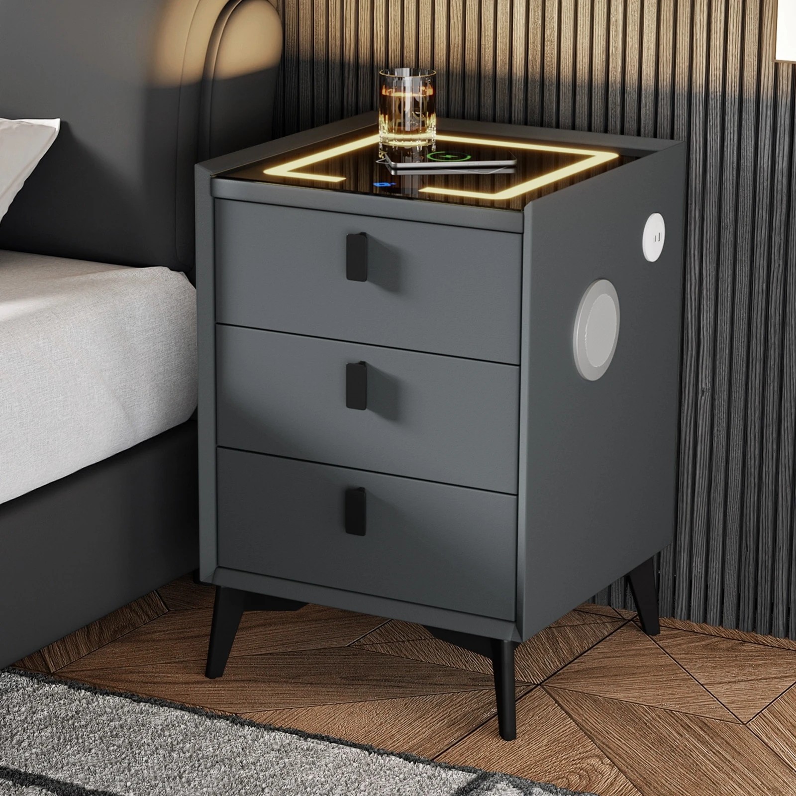 3 Oikiture Set of 2 Smart Bedside Tables Wireless Charging LED Lights 3 Drawers - Grey, 3 of 7
