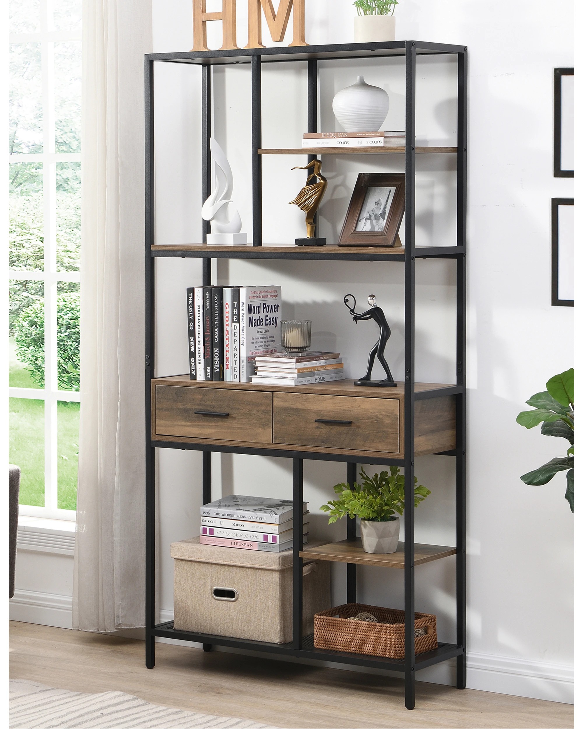2 IHOMDEC 6 Tier Bookshelf with 2 Drawers, 180cm H, 2 of 5