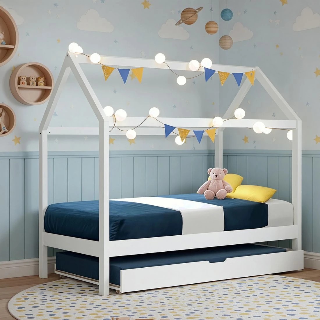 3 Artiss Bed Frame Wooden Trundle Daybed Kids House Frame - White, 3 of 4