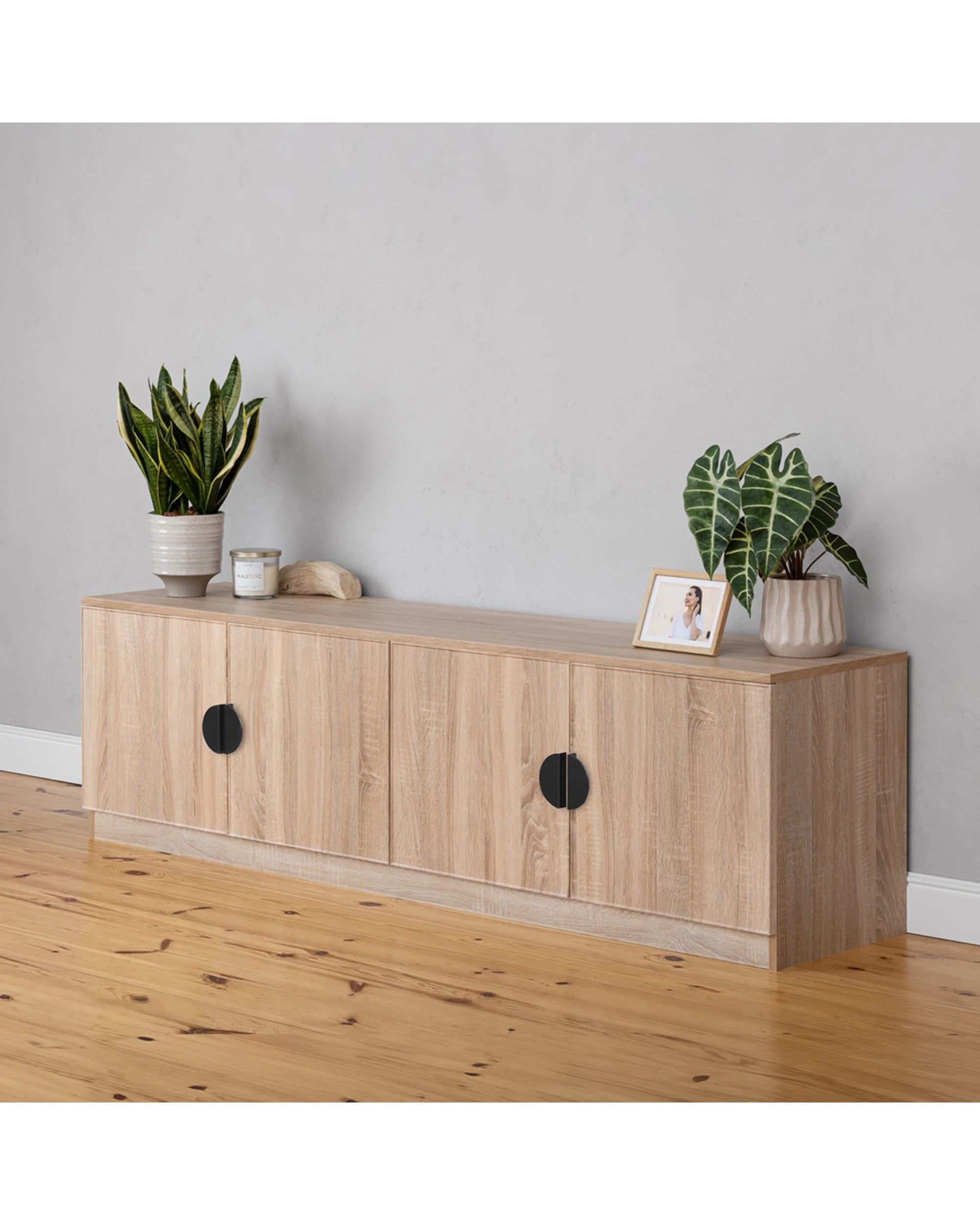 3 European Cabinetry Bucharest Oak Slim TV Unit Furniture Half Moon Handle - Natural, 3 of 4
