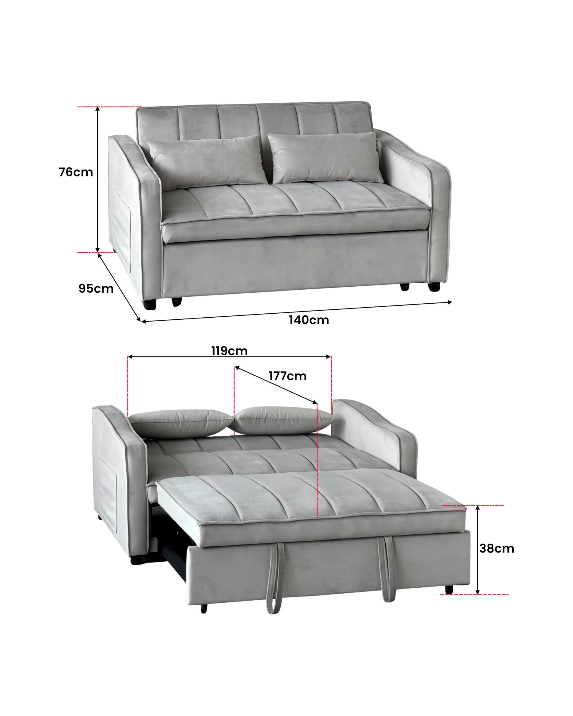 3 Sarantino Fenton Velvet 2-Seater Sofa Bed - Light Grey, 3 of 9