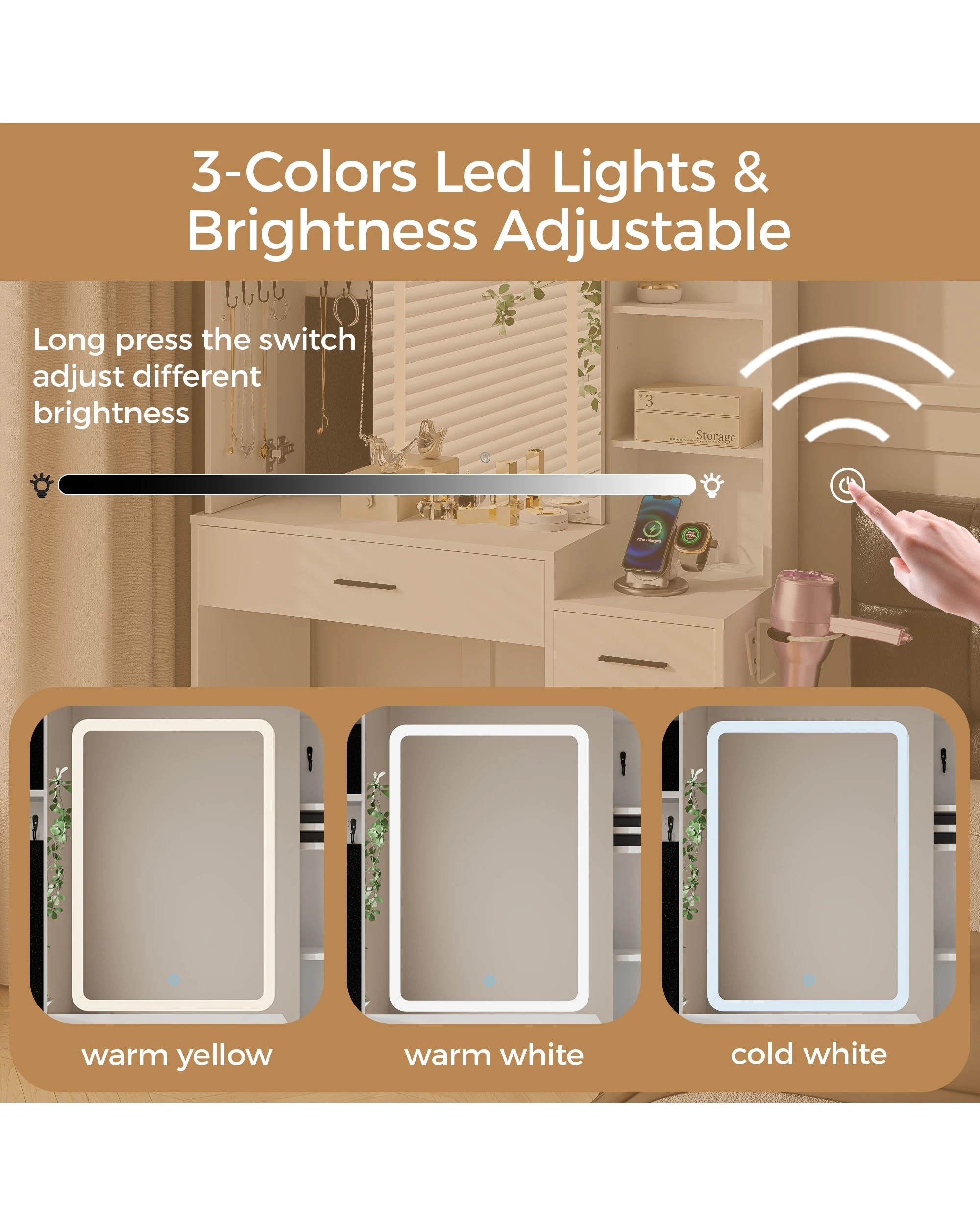4 Ufurniture Dressing Table Stool Set LED Lights Mirror Drawers & Jewelry Shelves - White, 4 of 8