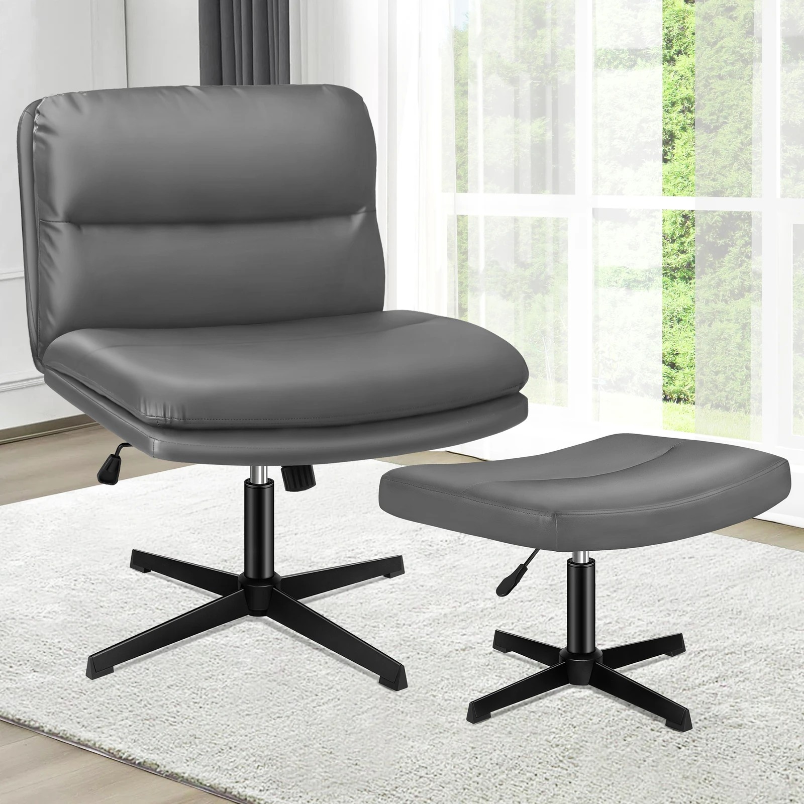 2 Alfordson Office Chair Computer Cross-legged Seat Work Ottoman PU Leather - Grey, 2 of 10