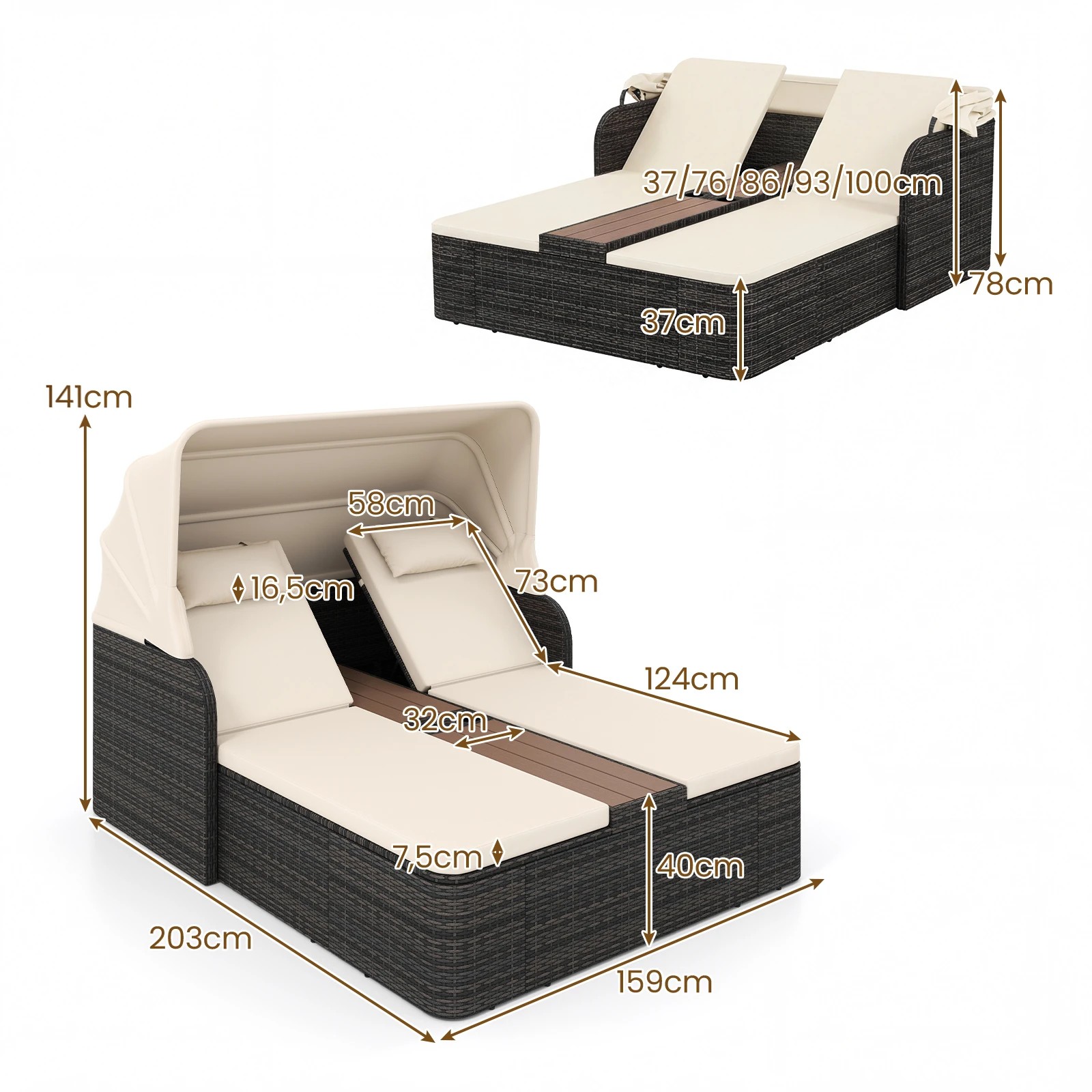 2 Costway Rattan Double Daybed w/Retractable Sunshade Outdoor Chaise Lounge Loveseat, 2 of 5