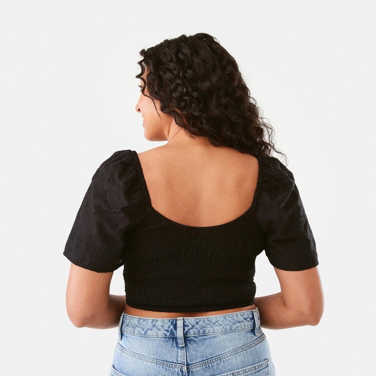 3 Short Sleeve Shirred Broderie Top Black, 3 of 6