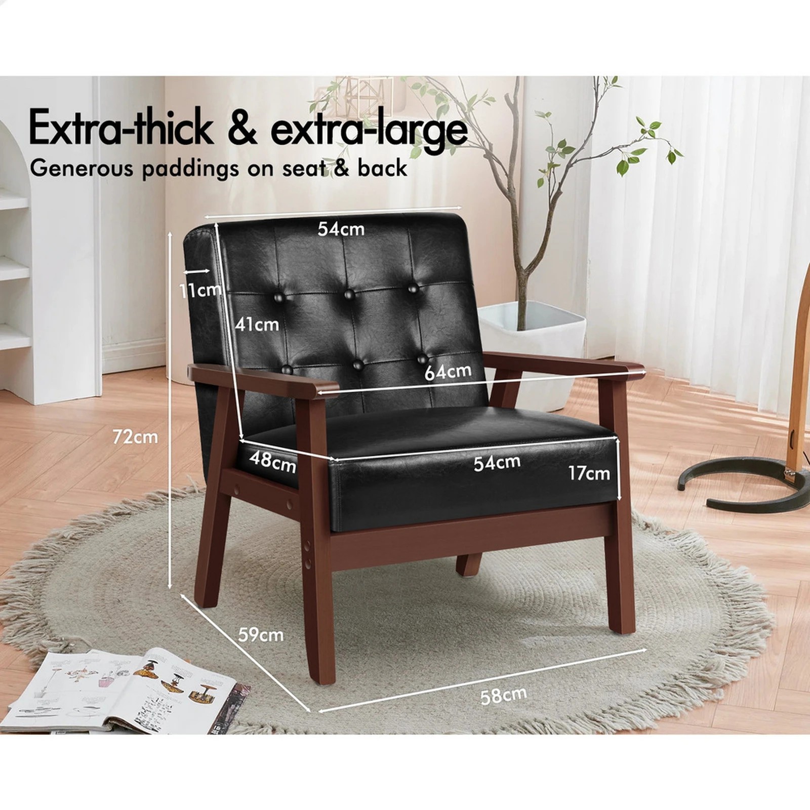 8 Alfordson Armchair Lounge Chair Tufted PU Leather Accent Chair Sofa Couch - Black, 8 of 9