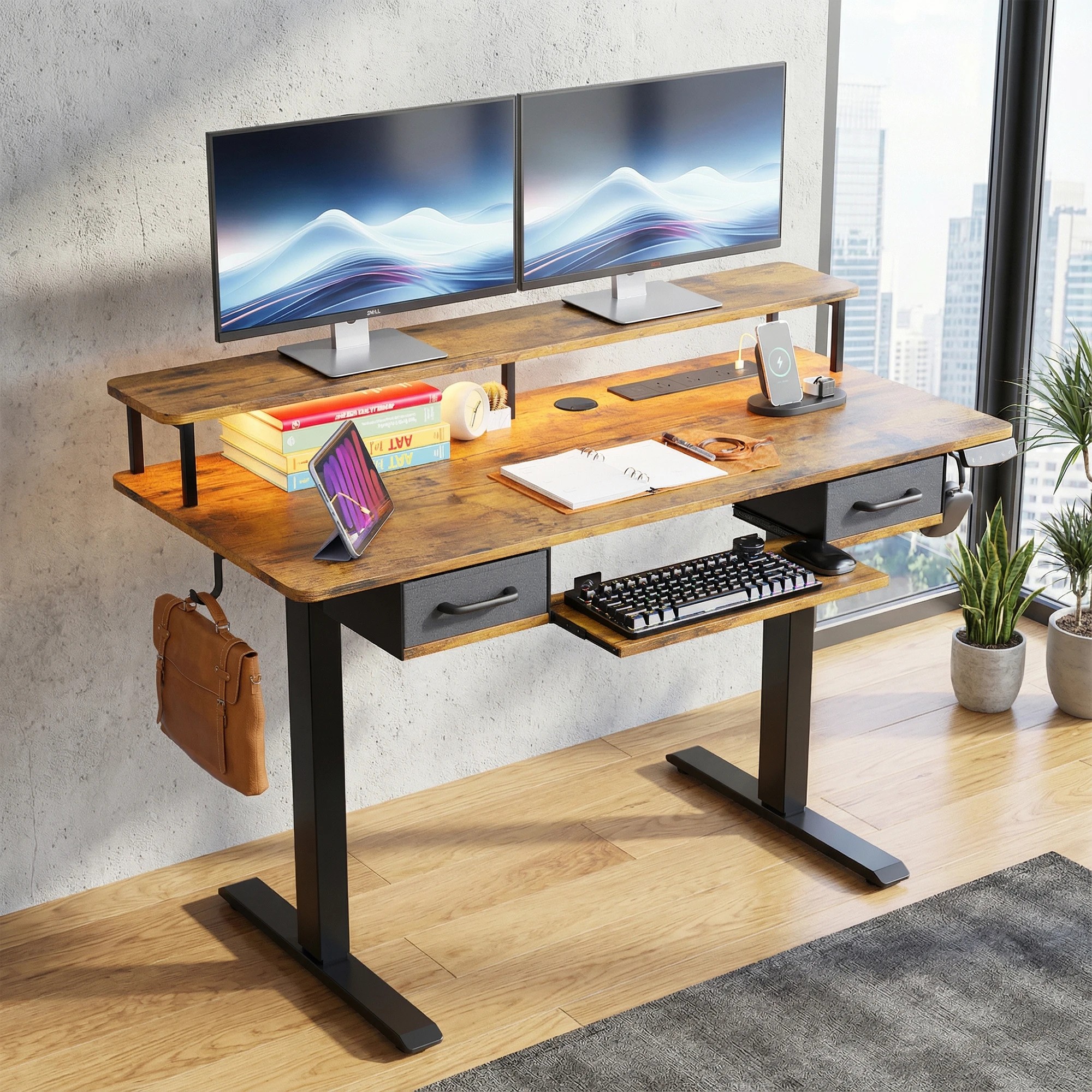 3 Advwin Electric Standing Desk with Monitor Stand and keyboard tray 120cm - Brown, 3 of 8