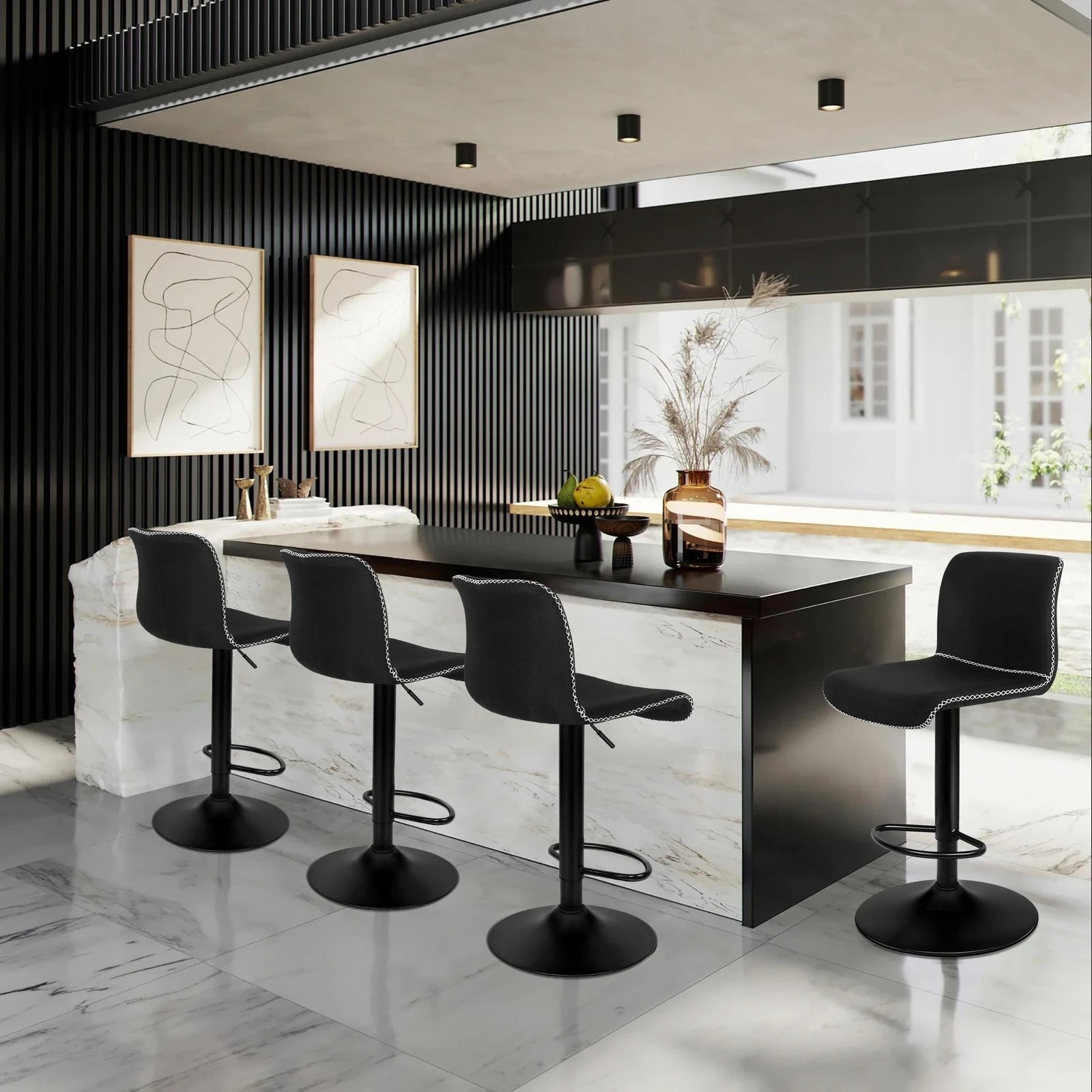 3 Alfordson 2x Bar Stools Remy Kitchen Gas Lift Swivel Vintage Chair Fabric - Black, 3 of 9