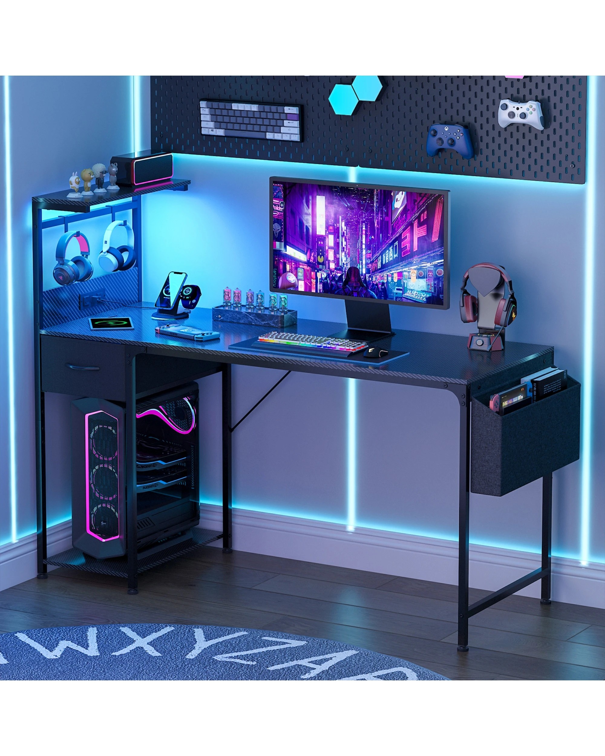 4 Advwin Gaming Desk with LED Lights & Power Outlets Reversible Storage Shelf 120cm Computer Desk with Fabric Drawer, 4 of 10